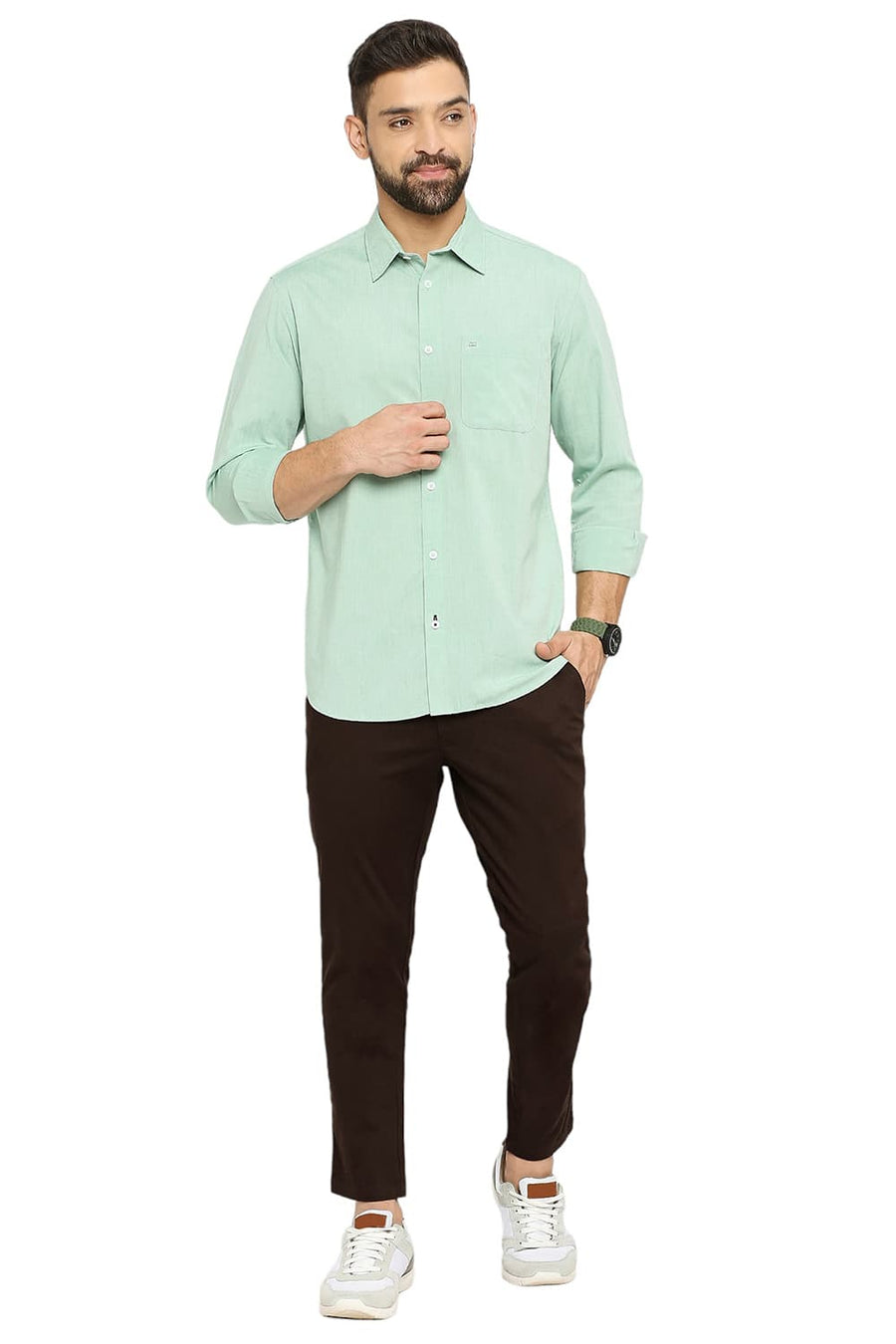 BASICS TAPERED FIT JAVA BROWN COTTON STRETCH DOBBY TROUSERS