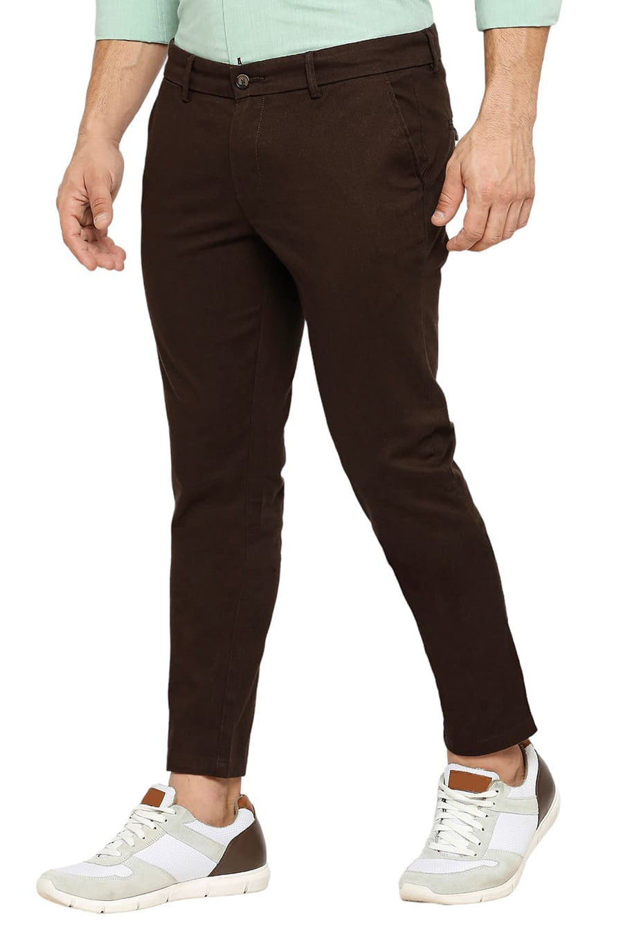 BASICS TAPERED FIT JAVA BROWN COTTON STRETCH DOBBY TROUSERS