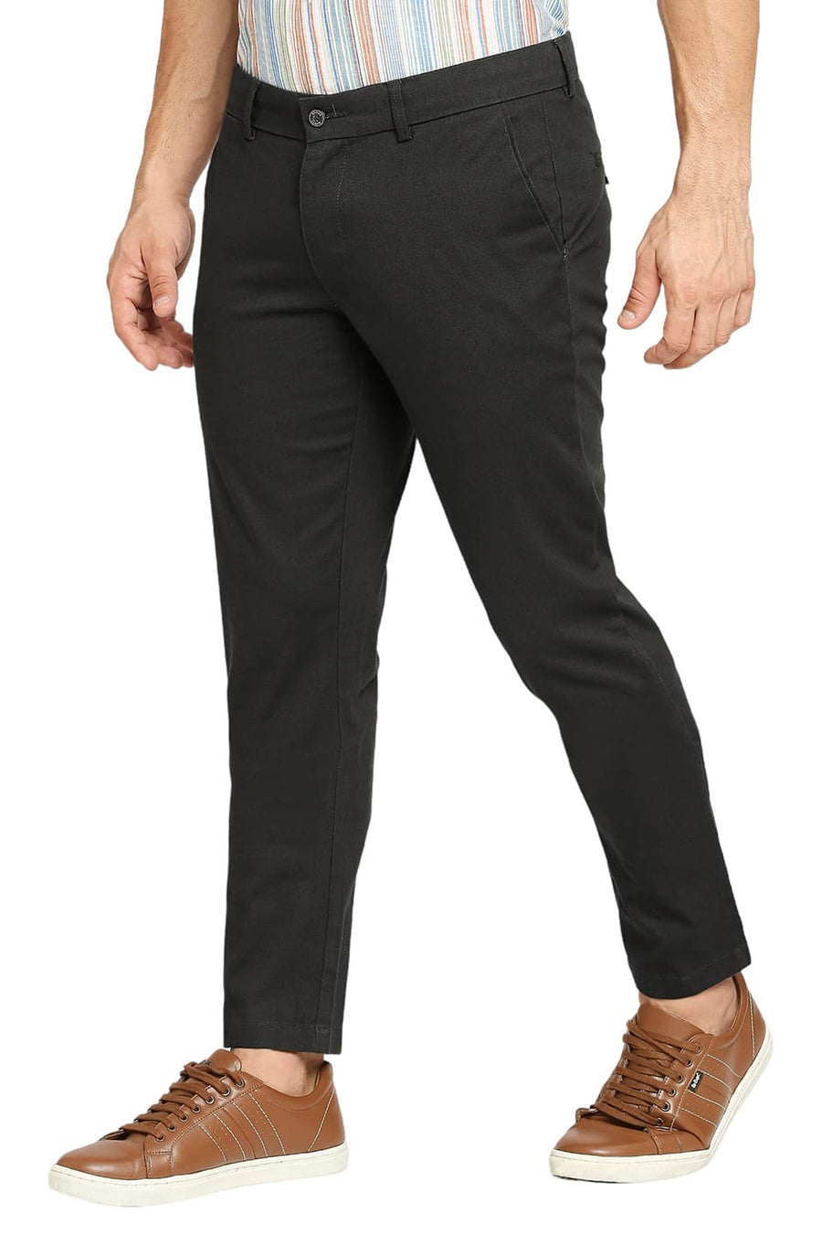 BASICS TAPERED FIT FOREST NIGHT GREEN COTTON STRETCH DOBBY TROUSERS