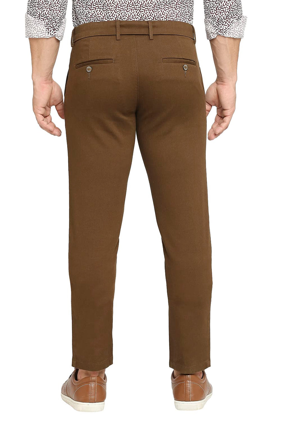 BASICS TAPERED FIT CARATE BROWN COTTON STRETCH DOBBY TROUSERS