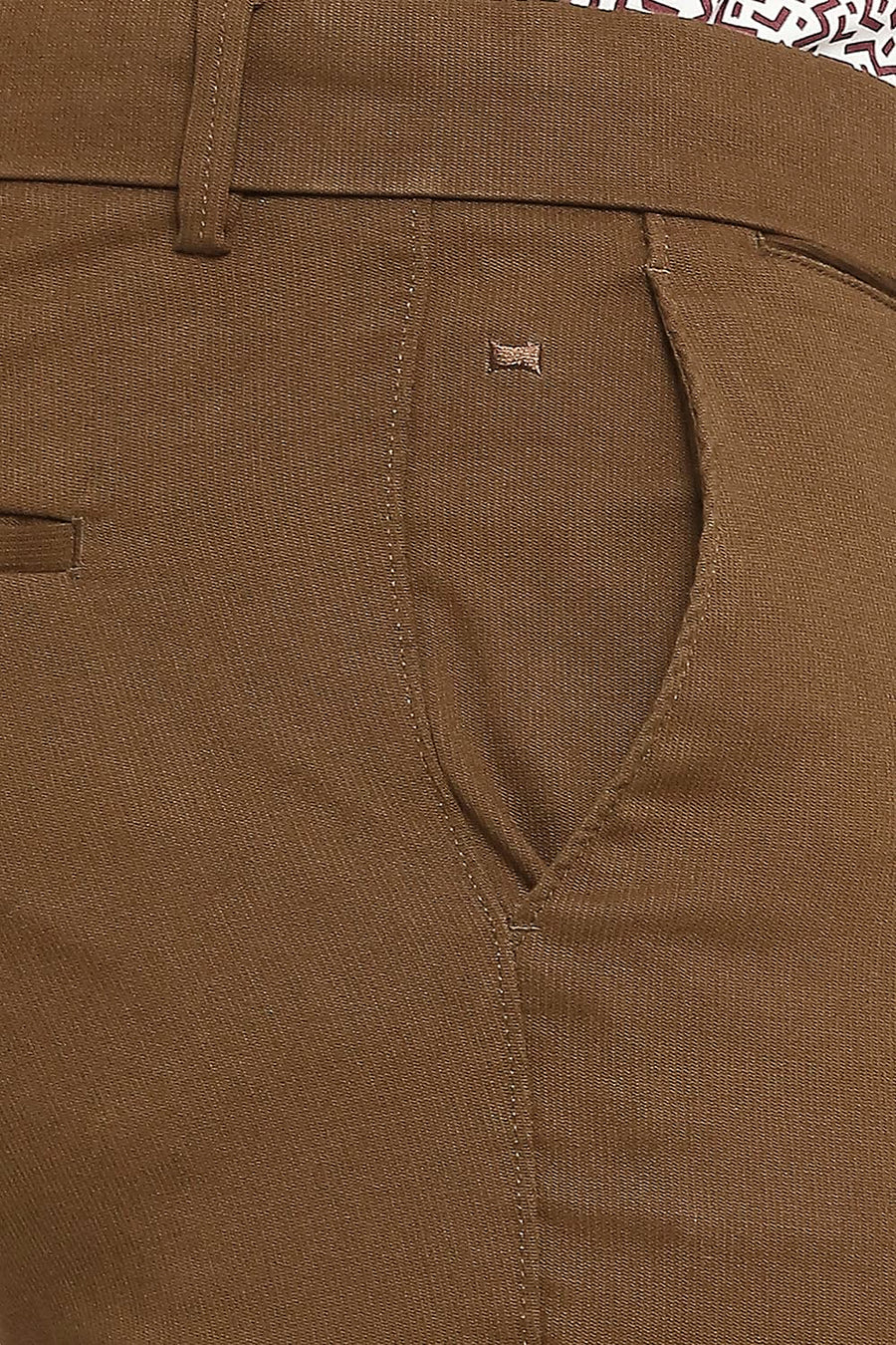 BASICS TAPERED FIT CARATE BROWN COTTON STRETCH DOBBY TROUSERS