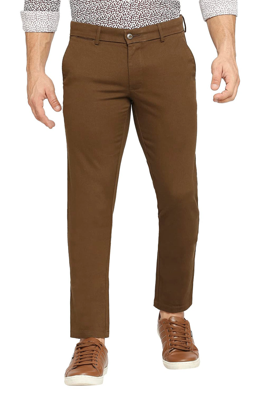 BASICS TAPERED FIT CARATE BROWN COTTON STRETCH DOBBY TROUSERS