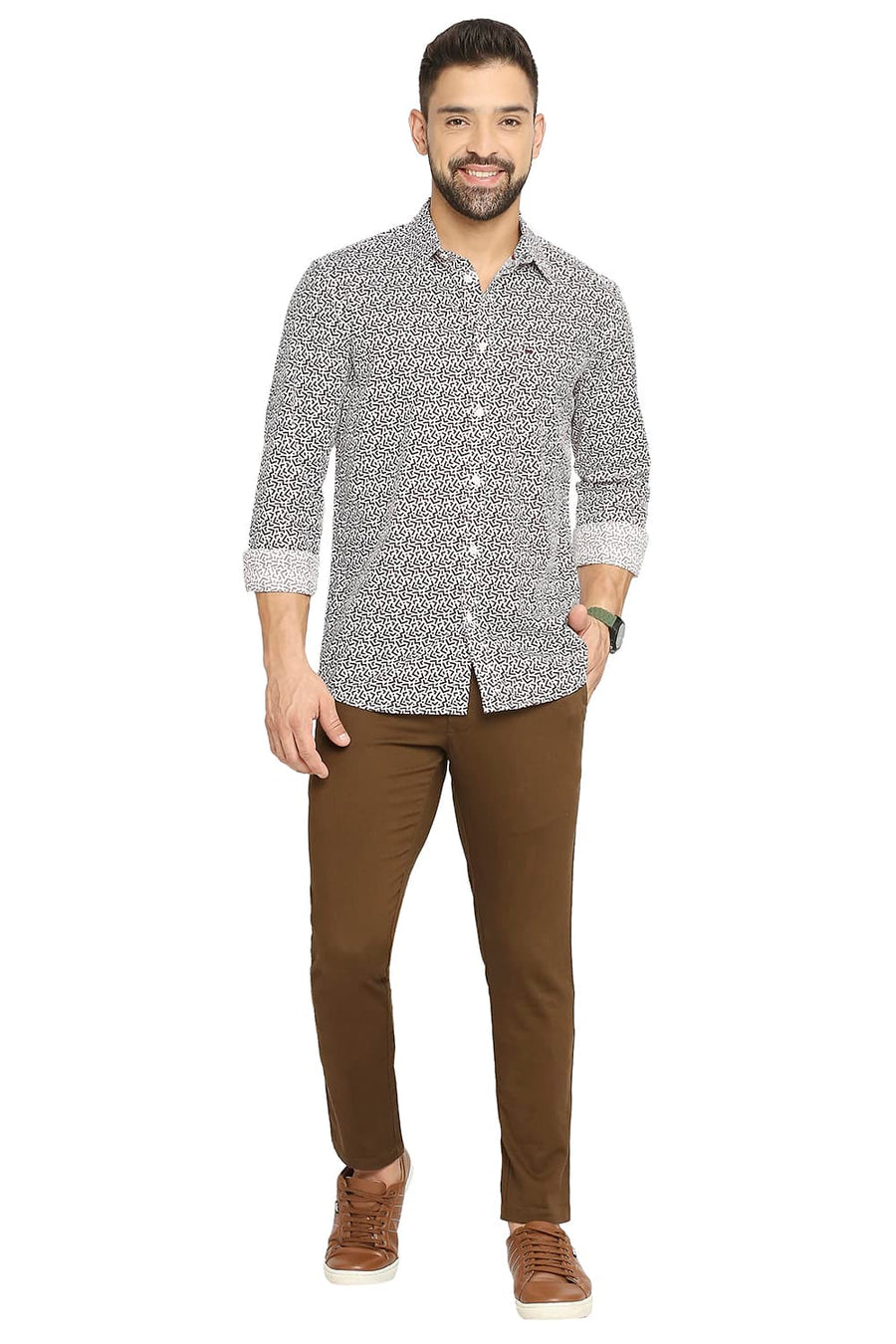 BASICS TAPERED FIT CARATE BROWN COTTON STRETCH DOBBY TROUSERS