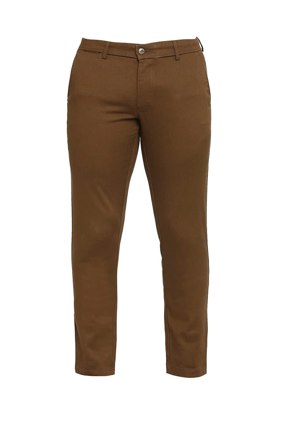BASICS TAPERED FIT CARATE BROWN COTTON STRETCH DOBBY TROUSERS