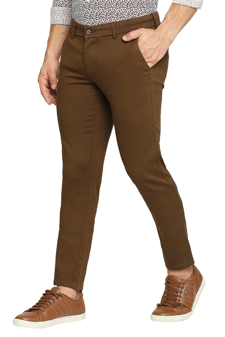 BASICS TAPERED FIT CARATE BROWN COTTON STRETCH DOBBY TROUSERS