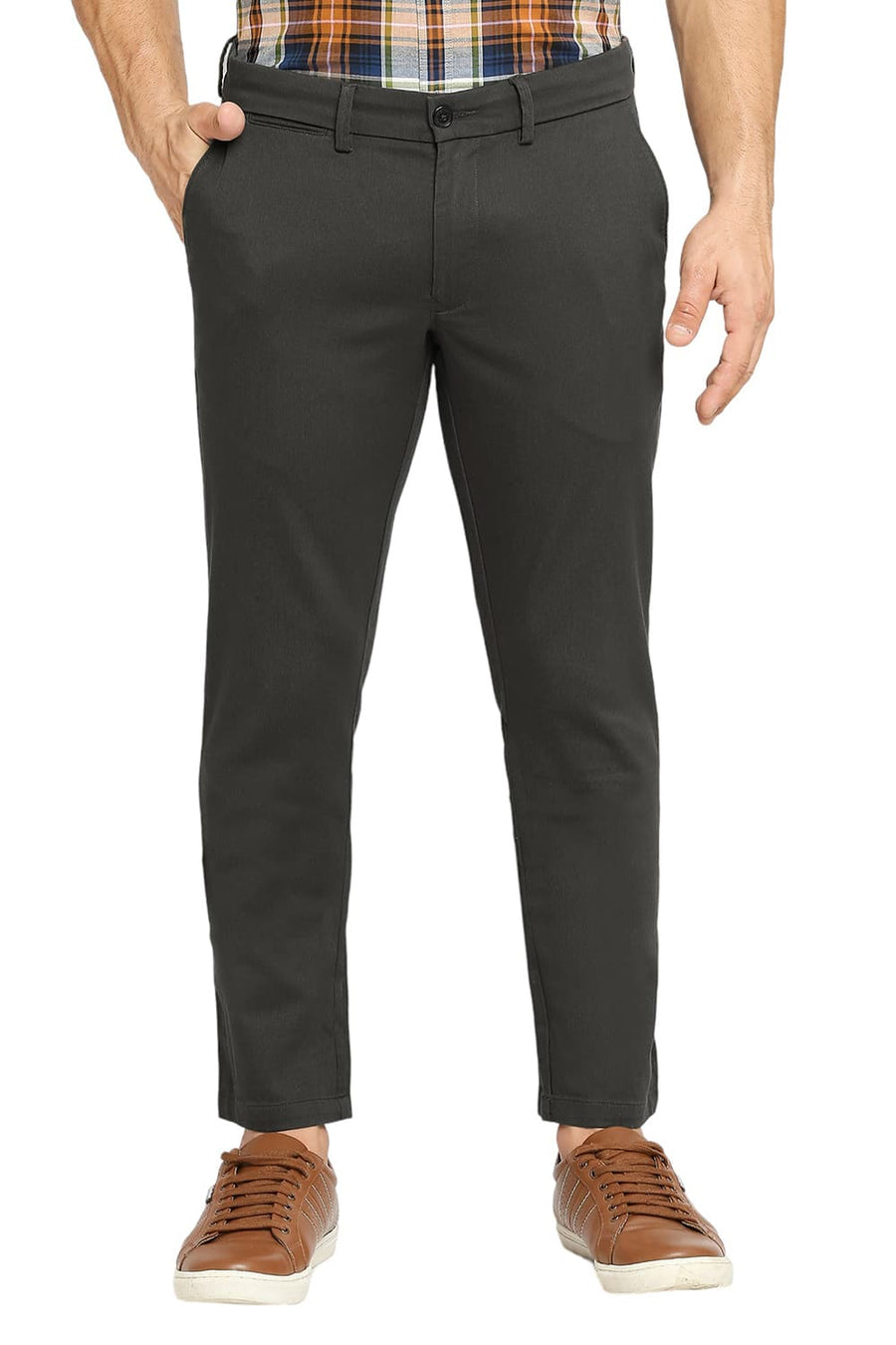 BASICS TAPERED FIT CASTOR GREY COTTON STRETCH DOBBY TROUSERS