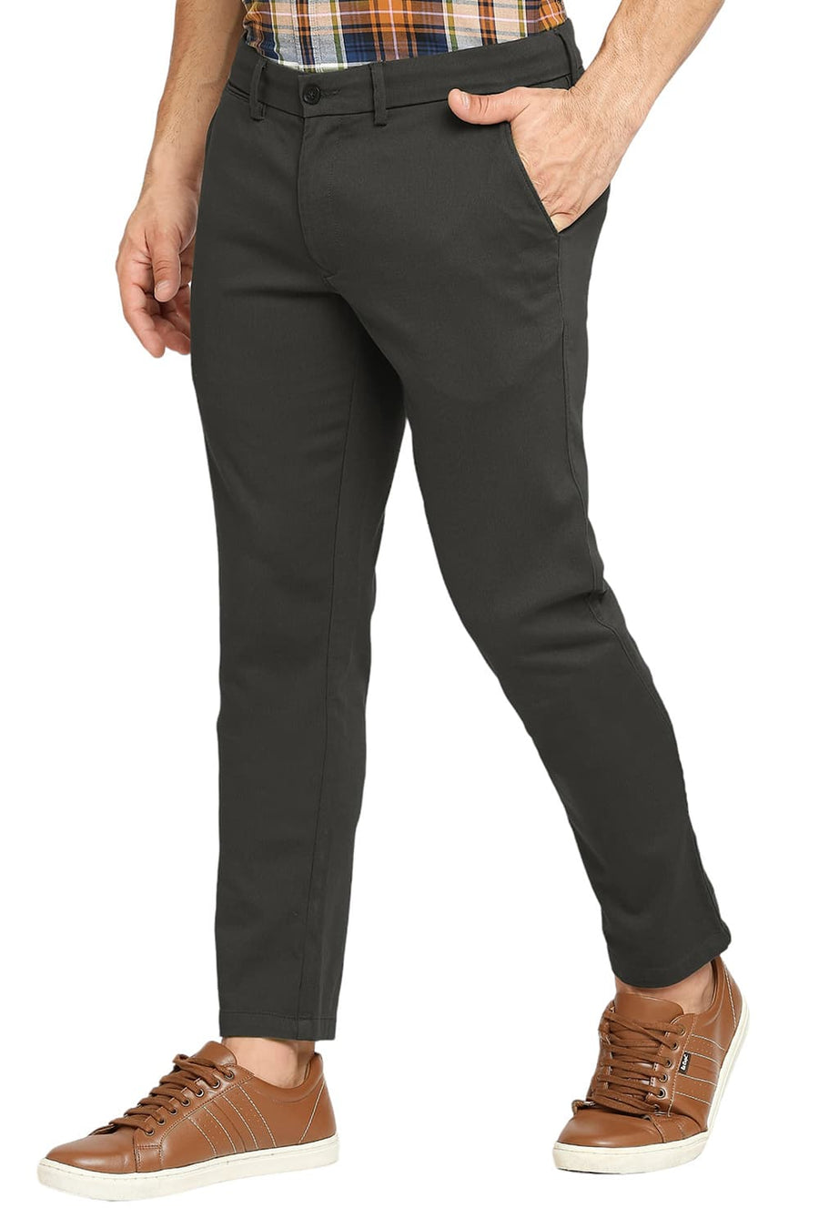 BASICS TAPERED FIT CASTOR GREY COTTON STRETCH DOBBY TROUSERS