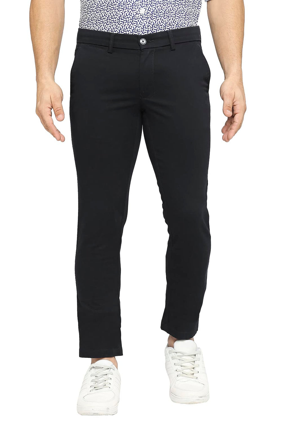 BASICS TAPERED FIT NAVY NIGHT COTTON STRETCH DOBBY TROUSERS