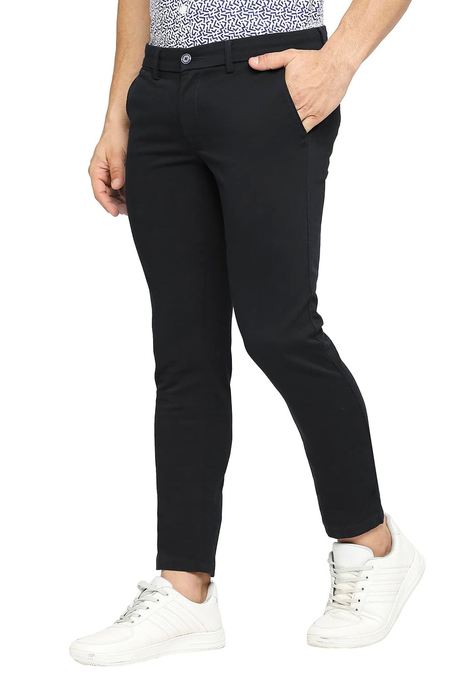 BASICS TAPERED FIT NAVY NIGHT COTTON STRETCH DOBBY TROUSERS