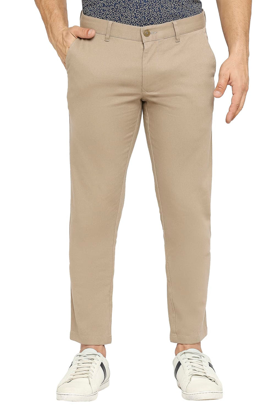 BASICS TAPERED FIT MINK KHAKI COTTON STRETCH DOBBY TROUSERS