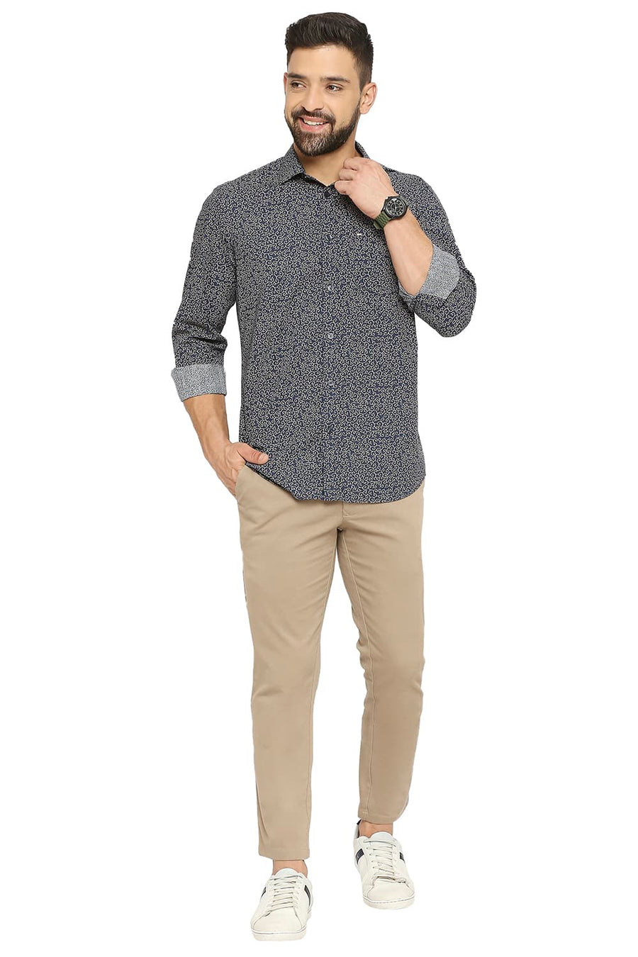 BASICS TAPERED FIT MINK KHAKI COTTON STRETCH DOBBY TROUSERS