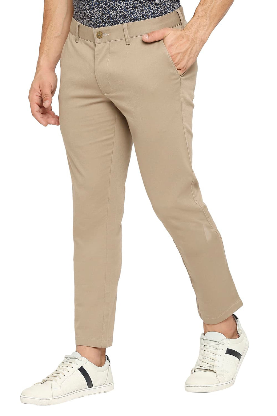 BASICS TAPERED FIT MINK KHAKI COTTON STRETCH DOBBY TROUSERS