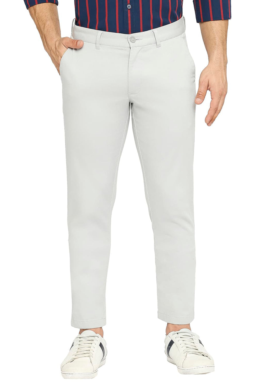 BASICS TAPERED FIT HIGH STONE COTTON STRETCH DOBBY TROUSERS