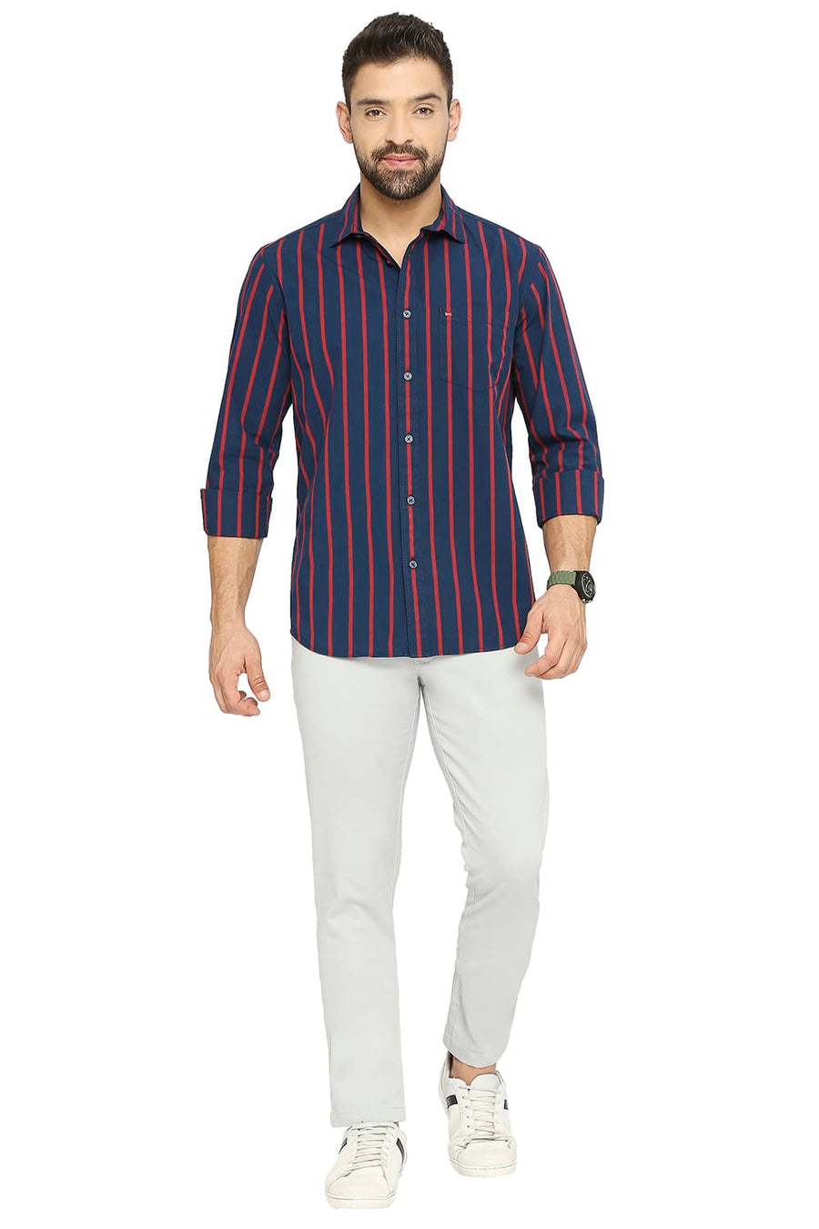 BASICS TAPERED FIT HIGH STONE COTTON STRETCH DOBBY TROUSERS