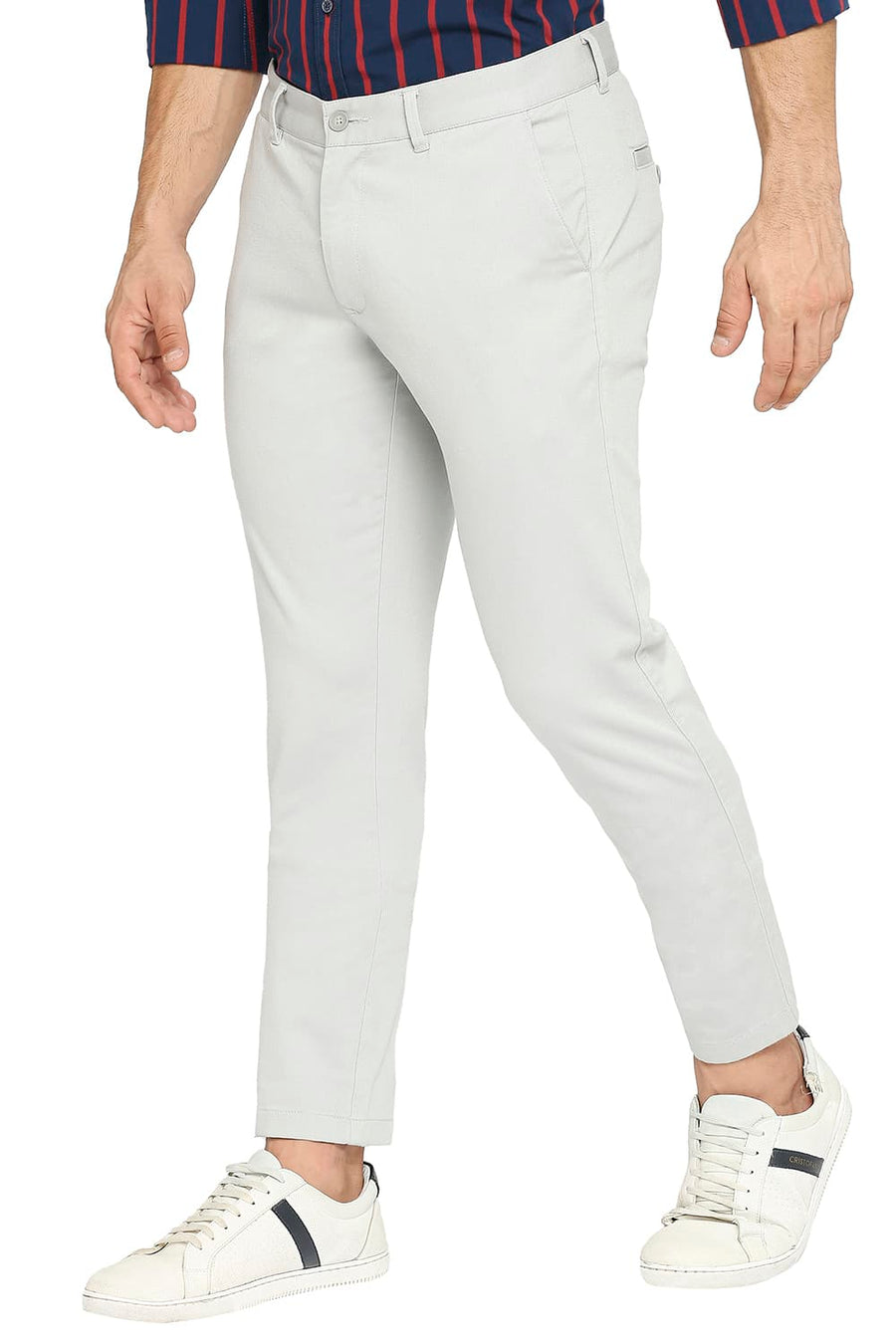 BASICS TAPERED FIT HIGH STONE COTTON STRETCH DOBBY TROUSERS