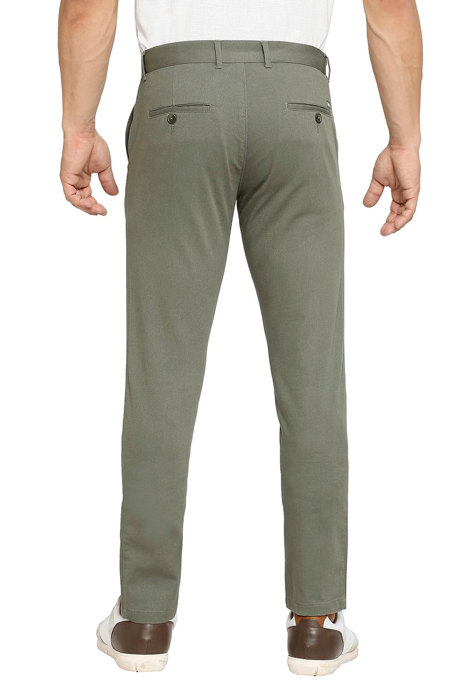 BASICS TAPERED FIT THYME GREEN COTTON STRETCH DOBBY TROUSERS