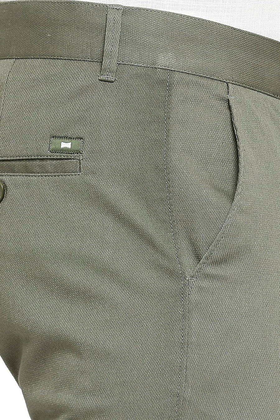 BASICS TAPERED FIT THYME GREEN COTTON STRETCH DOBBY TROUSERS