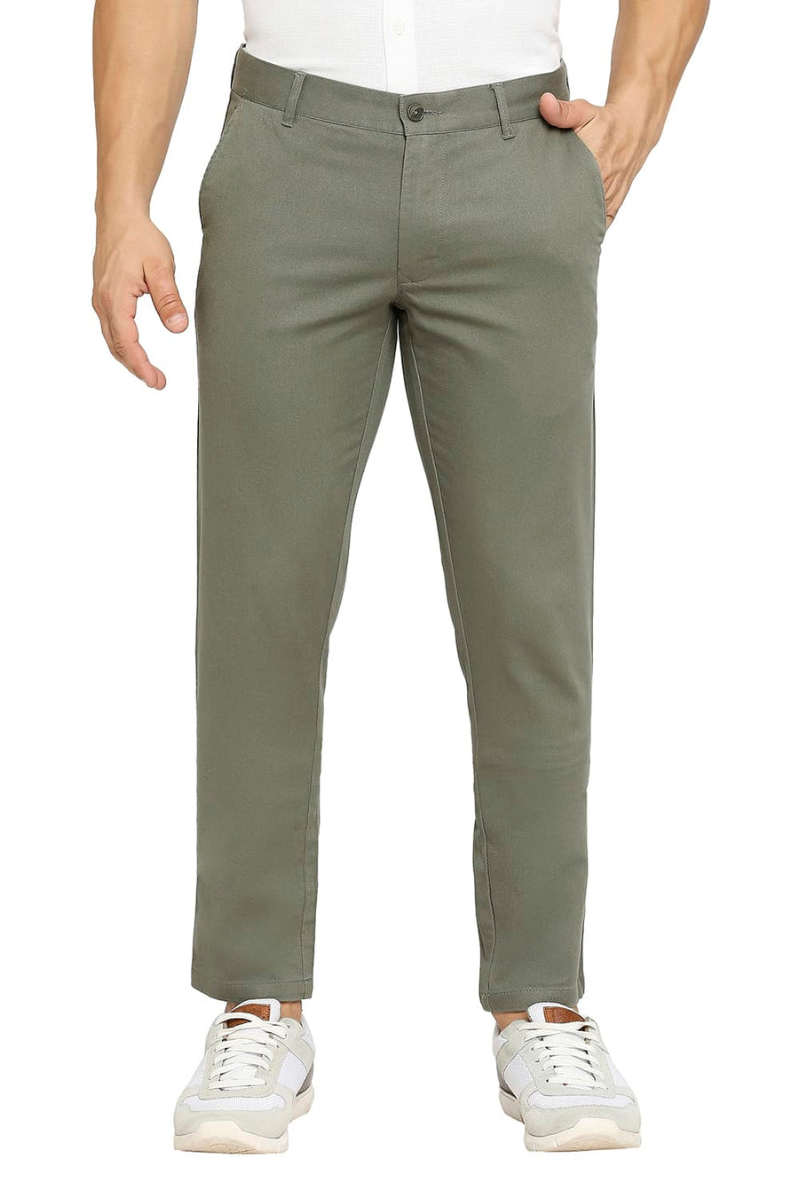 BASICS TAPERED FIT THYME GREEN COTTON STRETCH DOBBY TROUSERS