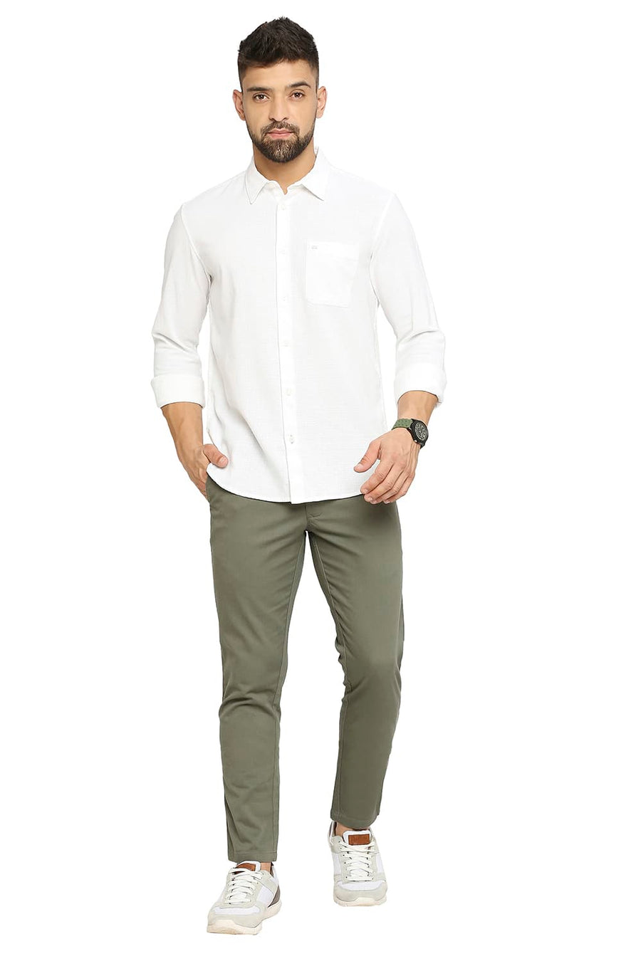 BASICS TAPERED FIT THYME GREEN COTTON STRETCH DOBBY TROUSERS