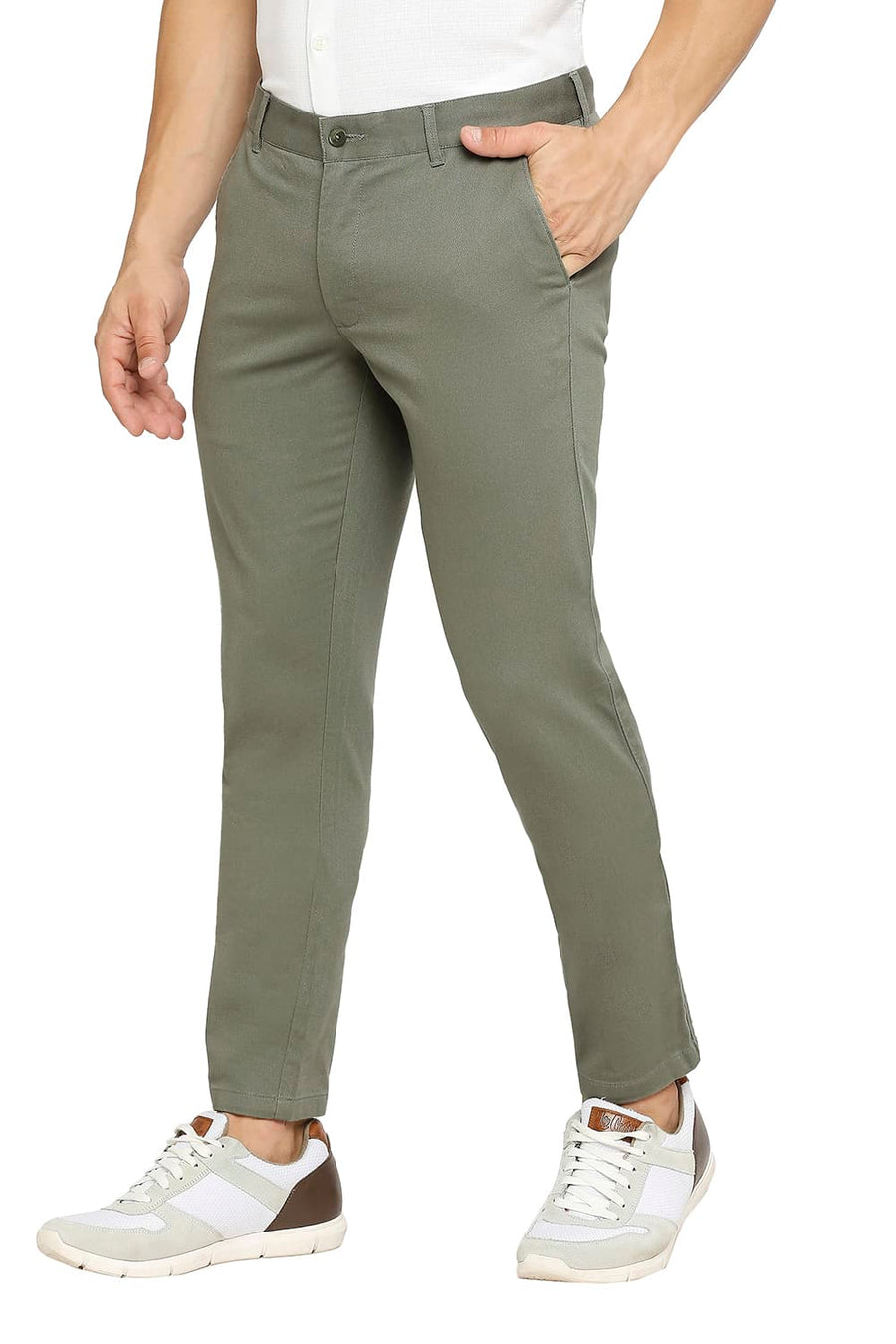 BASICS TAPERED FIT THYME GREEN COTTON STRETCH DOBBY TROUSERS
