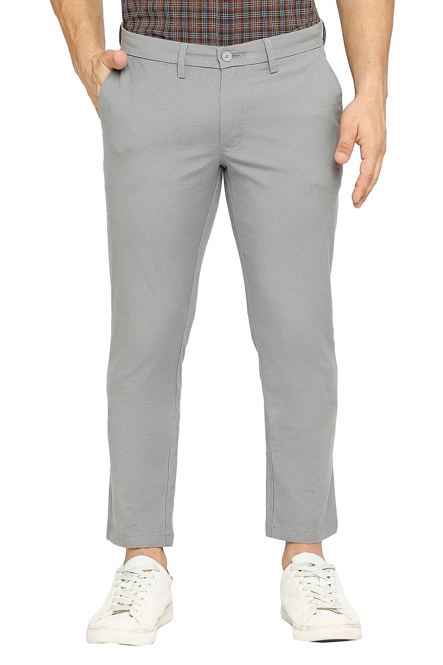 BASICS TAPERED FIT LIME STONE GREY COTTON PLOYESTER STRETCH DOBBY TROUSERS