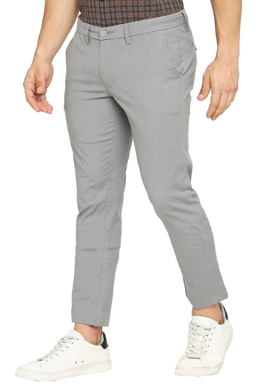BASICS TAPERED FIT LIME STONE GREY COTTON PLOYESTER STRETCH DOBBY TROUSERS