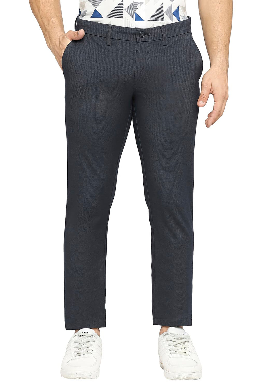 BASICS TAPERED FIT NAVY SLATE COTTON PLOYESTER STRETCH DOBBY TROUSERS