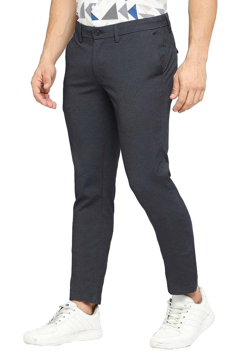BASICS TAPERED FIT NAVY SLATE COTTON PLOYESTER STRETCH DOBBY TROUSERS