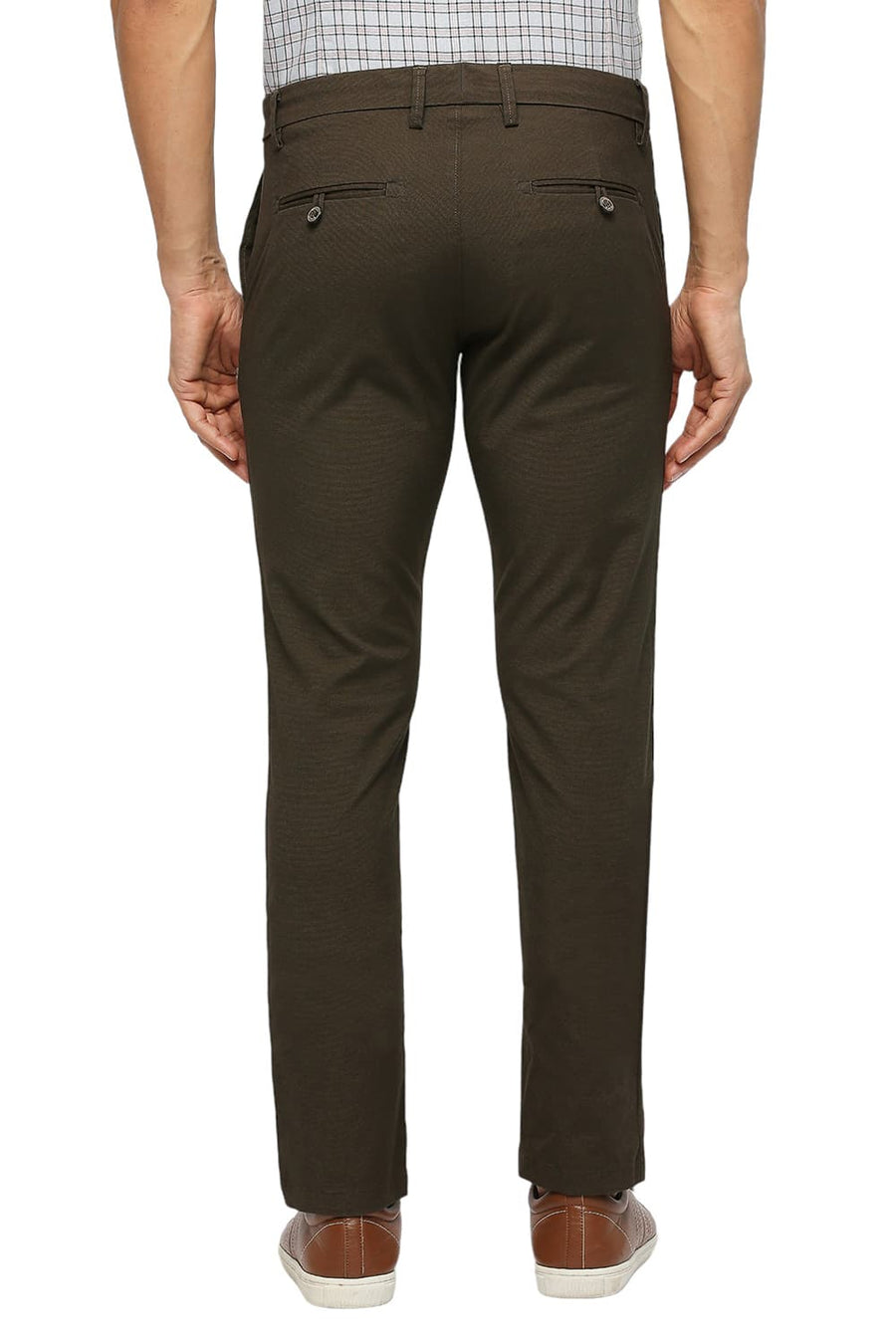 BASICS TAPERED FIT CUB BROWN COTTON PLOYESTER STRETCH DOBBY TROUSERS