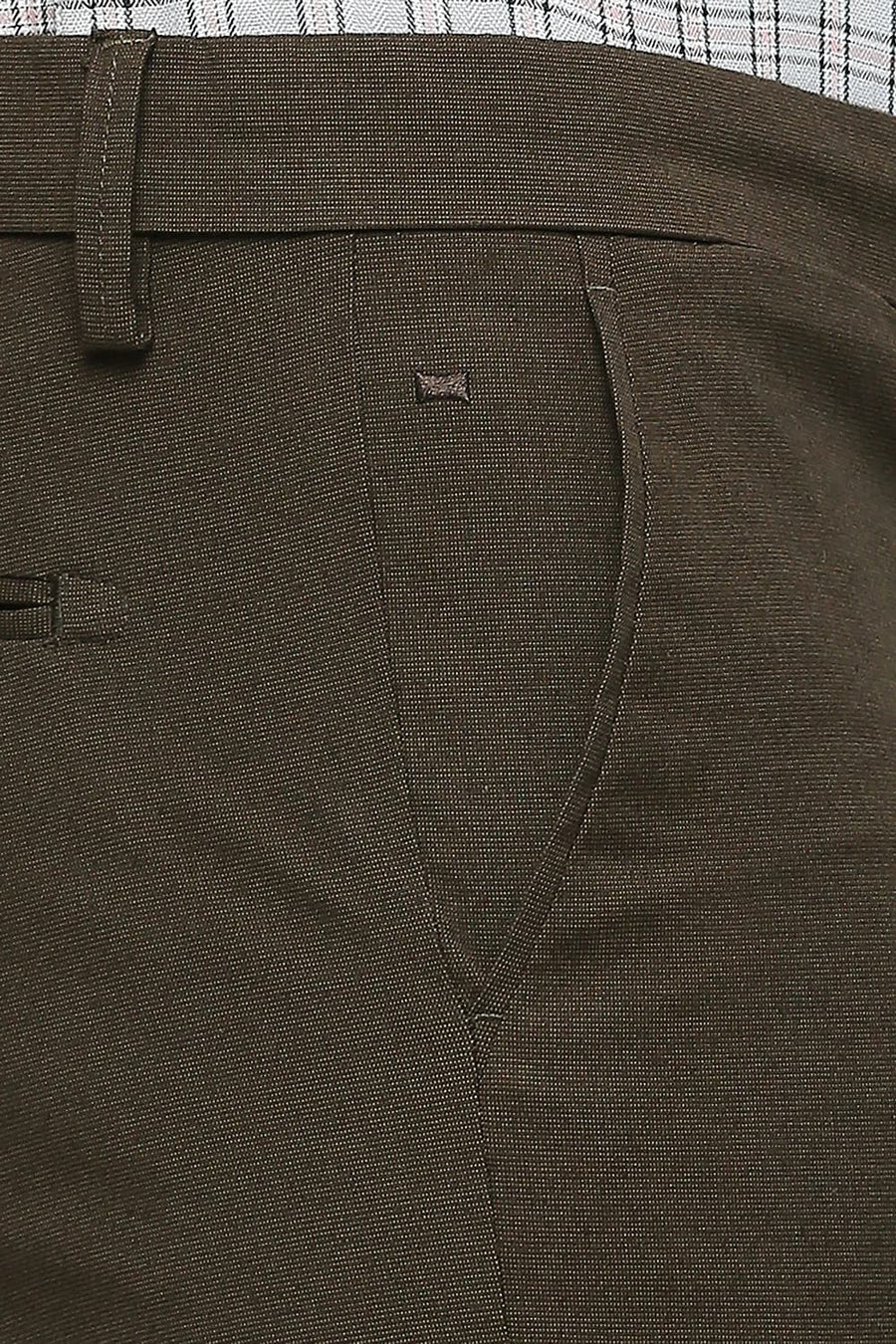 BASICS TAPERED FIT CUB BROWN COTTON PLOYESTER STRETCH DOBBY TROUSERS