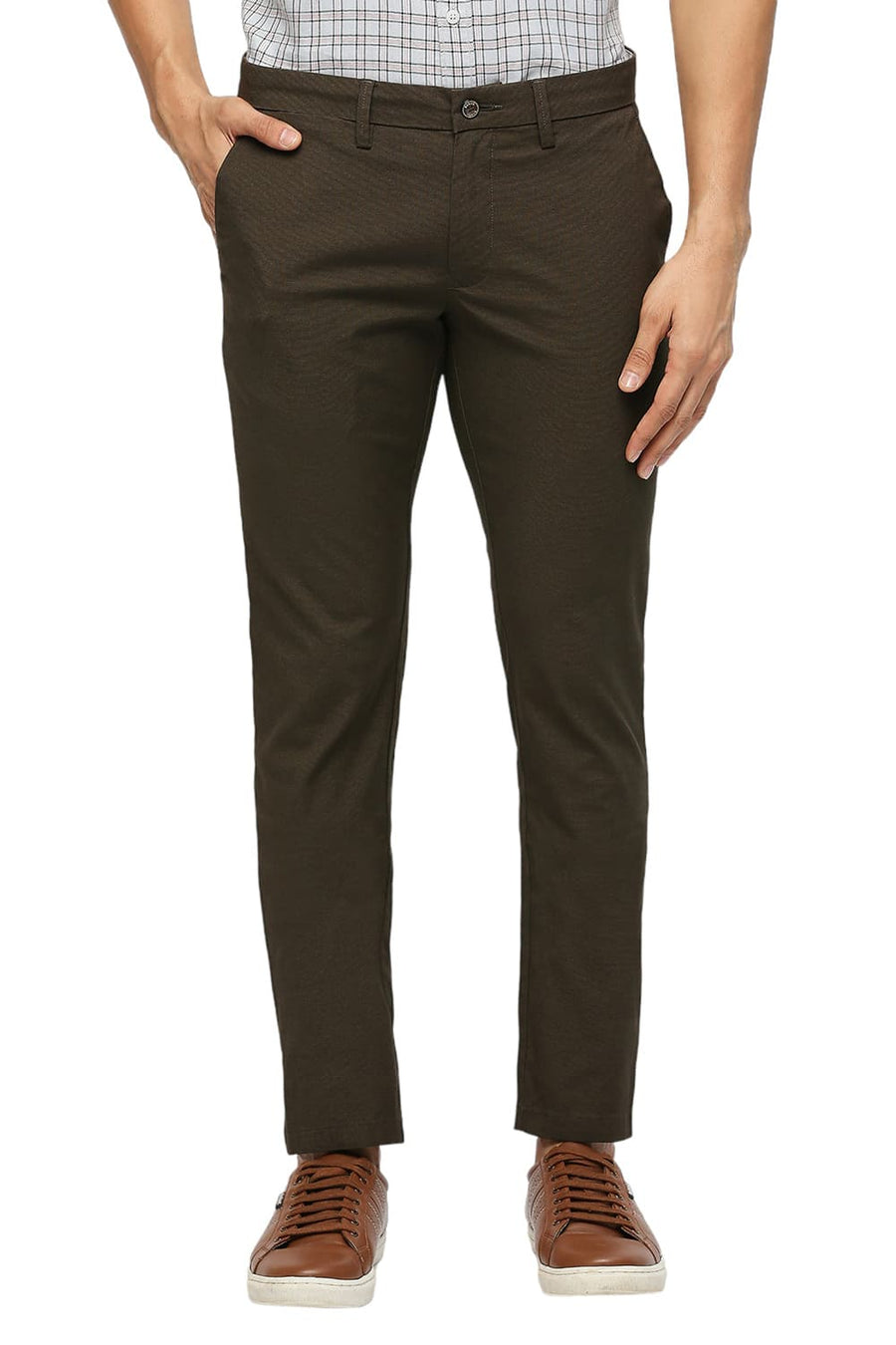 BASICS TAPERED FIT CUB BROWN COTTON PLOYESTER STRETCH DOBBY TROUSERS