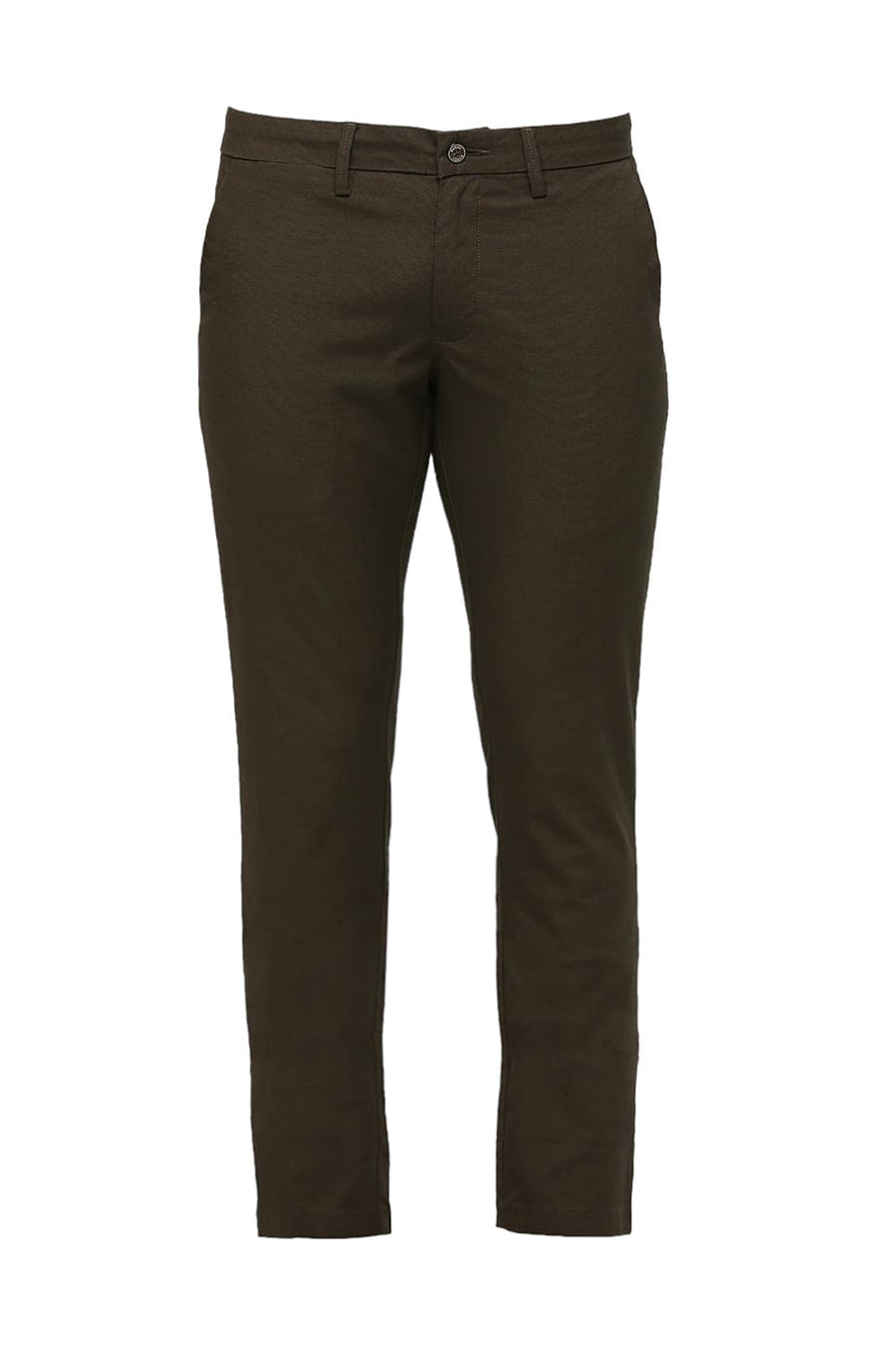 BASICS TAPERED FIT CUB BROWN COTTON PLOYESTER STRETCH DOBBY TROUSERS