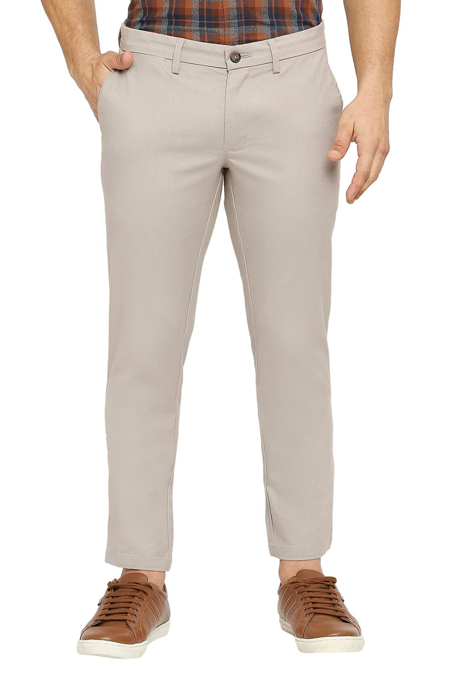 BASICS TAPERED FIT ROASTED CASHEW BROWN COTTON PLOYESTER STRETCH DOBBY TROUSERS