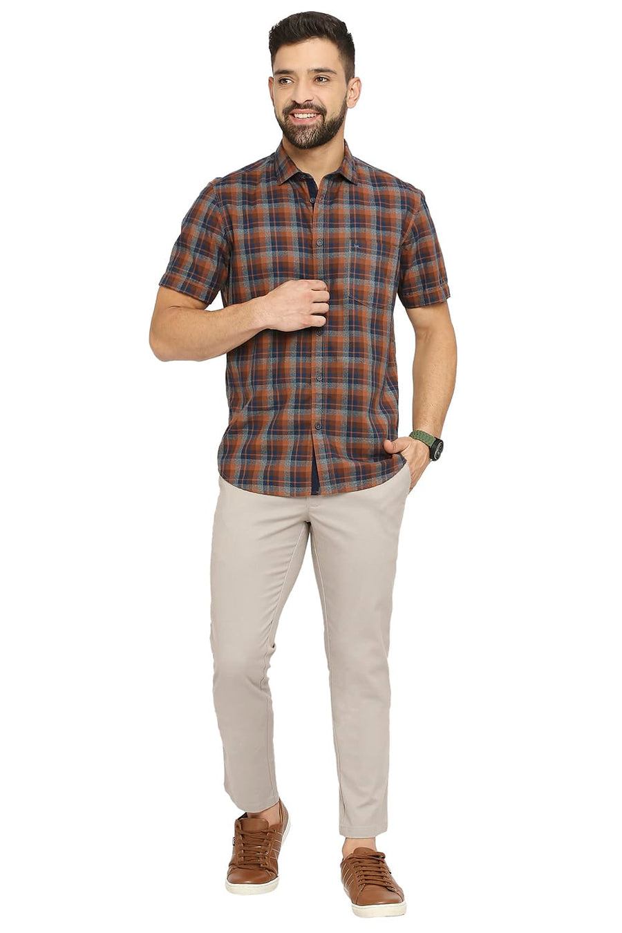 BASICS TAPERED FIT ROASTED CASHEW BROWN COTTON PLOYESTER STRETCH DOBBY TROUSERS