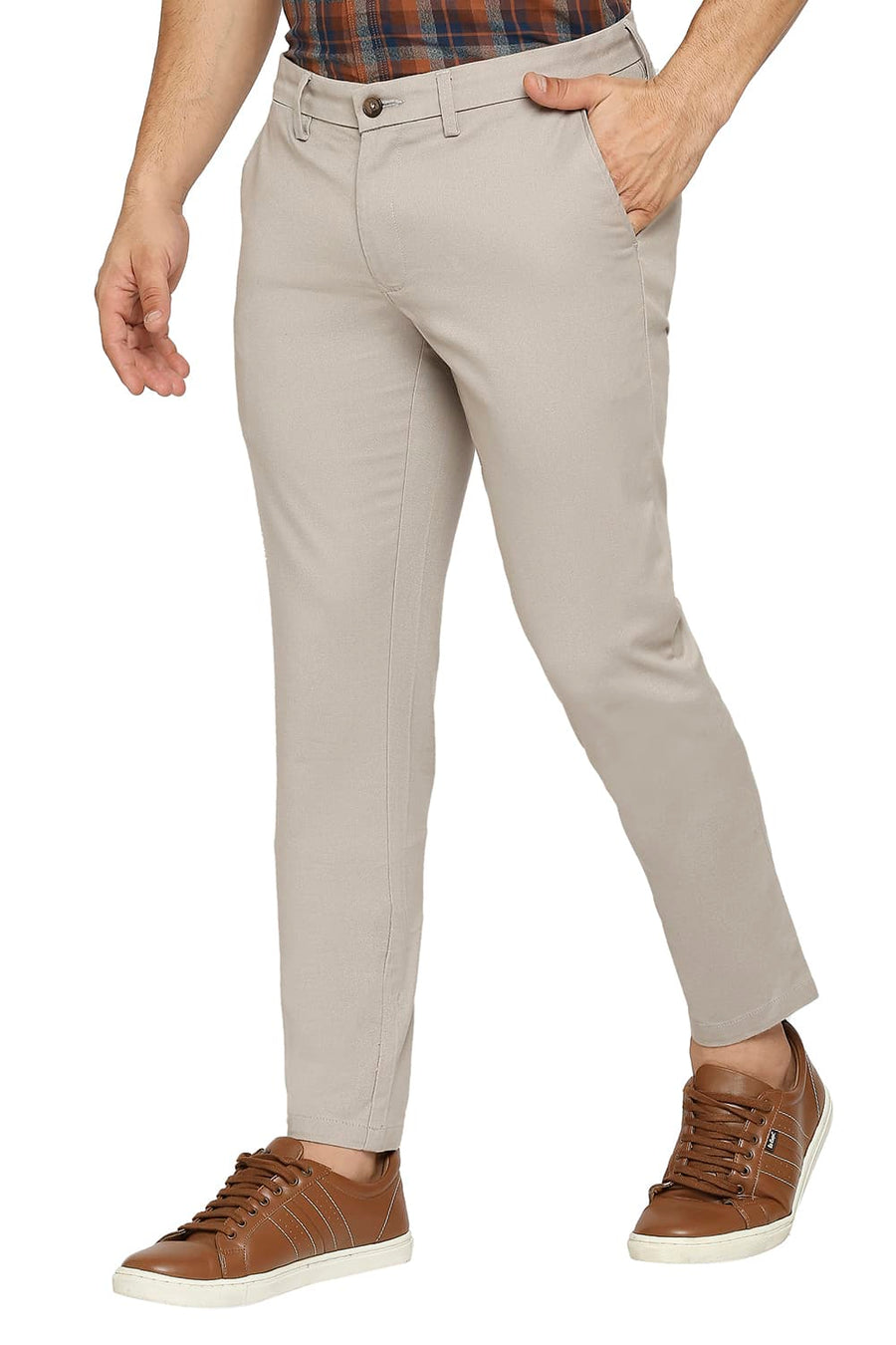 BASICS TAPERED FIT ROASTED CASHEW BROWN COTTON PLOYESTER STRETCH DOBBY TROUSERS