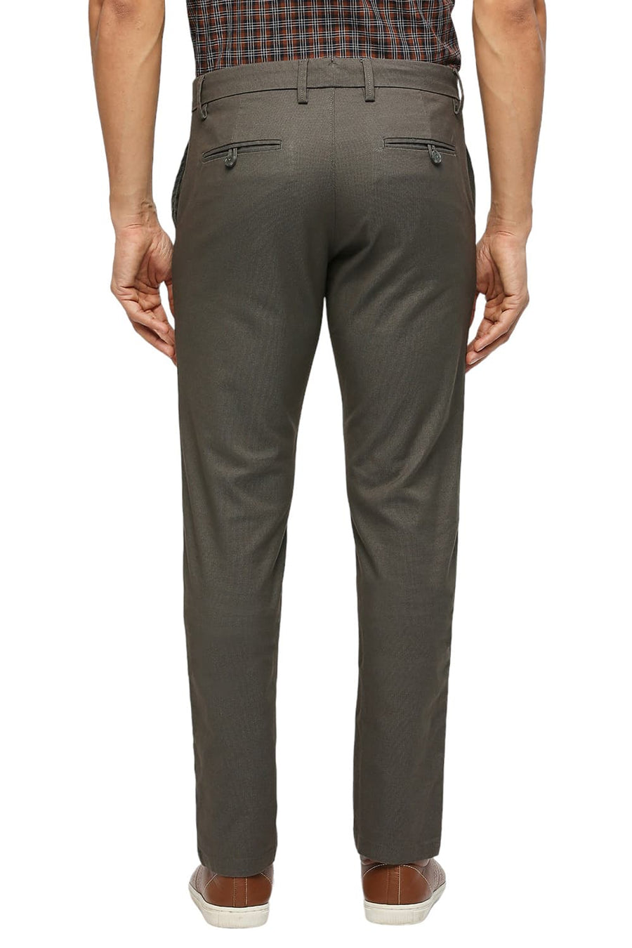 BASICS TAPERED FIT CROCODILE BROWN COTTON PLOYESTER STRETCH DOBBY TROUSERS