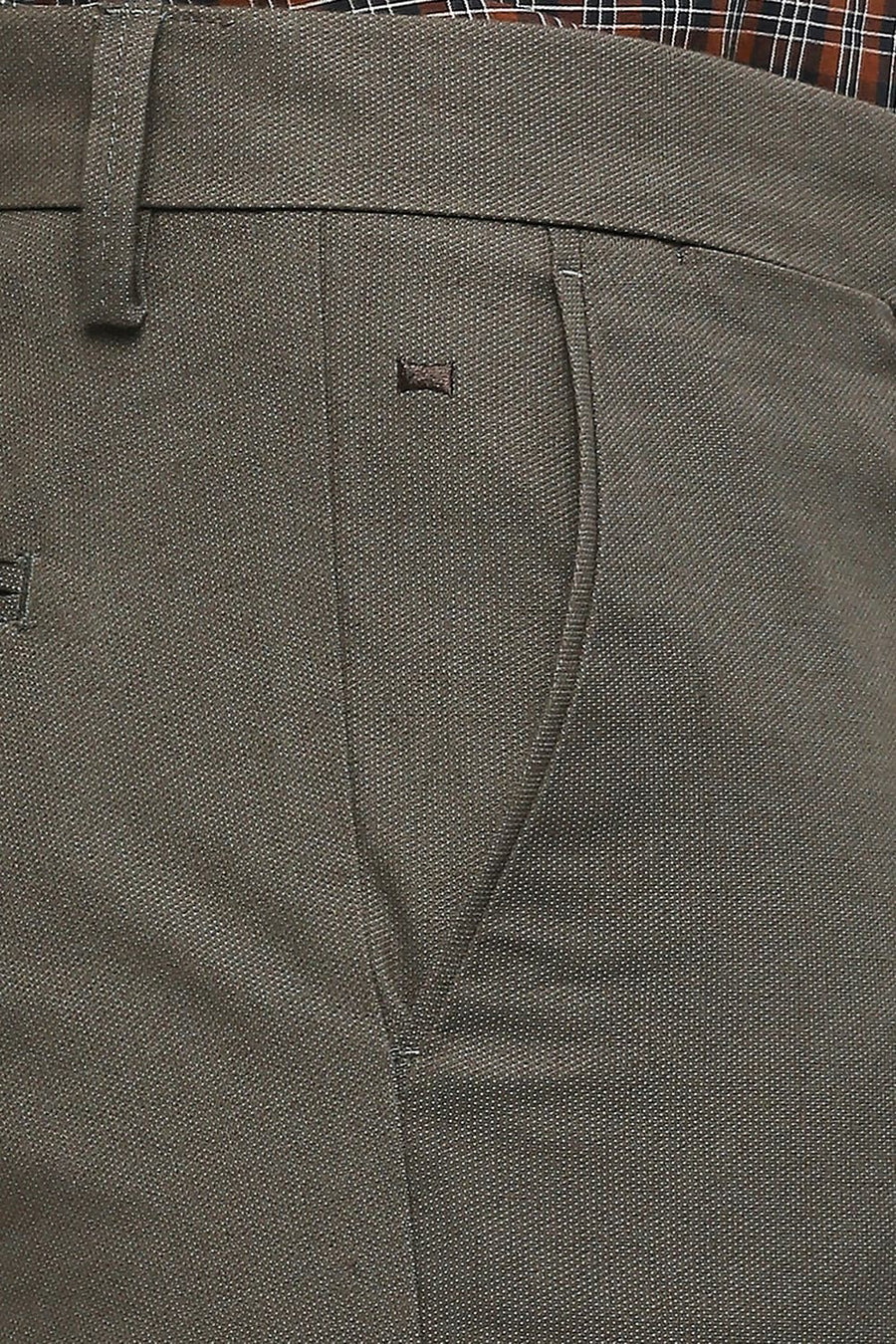 BASICS TAPERED FIT CROCODILE BROWN COTTON PLOYESTER STRETCH DOBBY TROUSERS