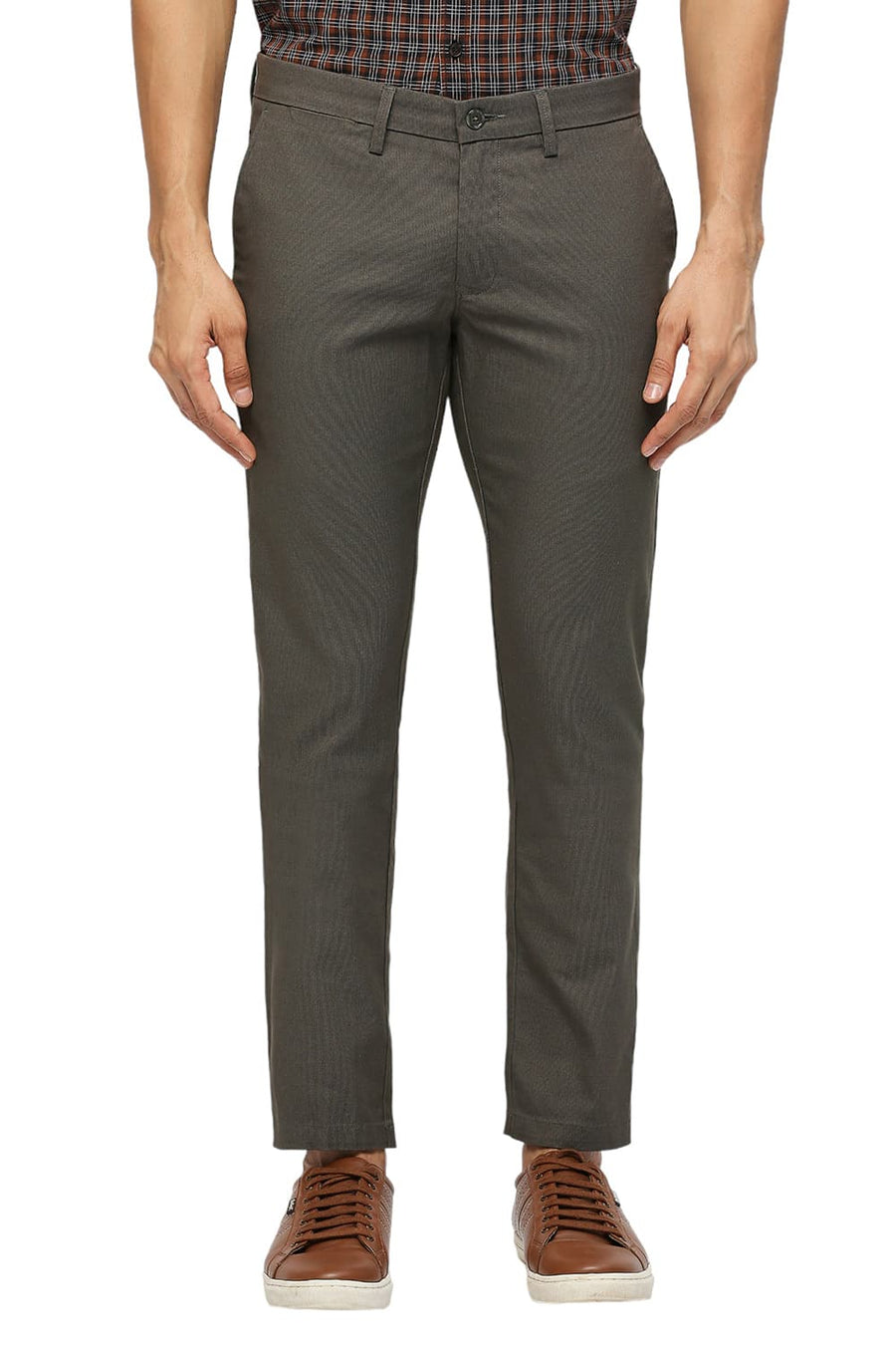 BASICS TAPERED FIT CROCODILE BROWN COTTON PLOYESTER STRETCH DOBBY TROUSERS