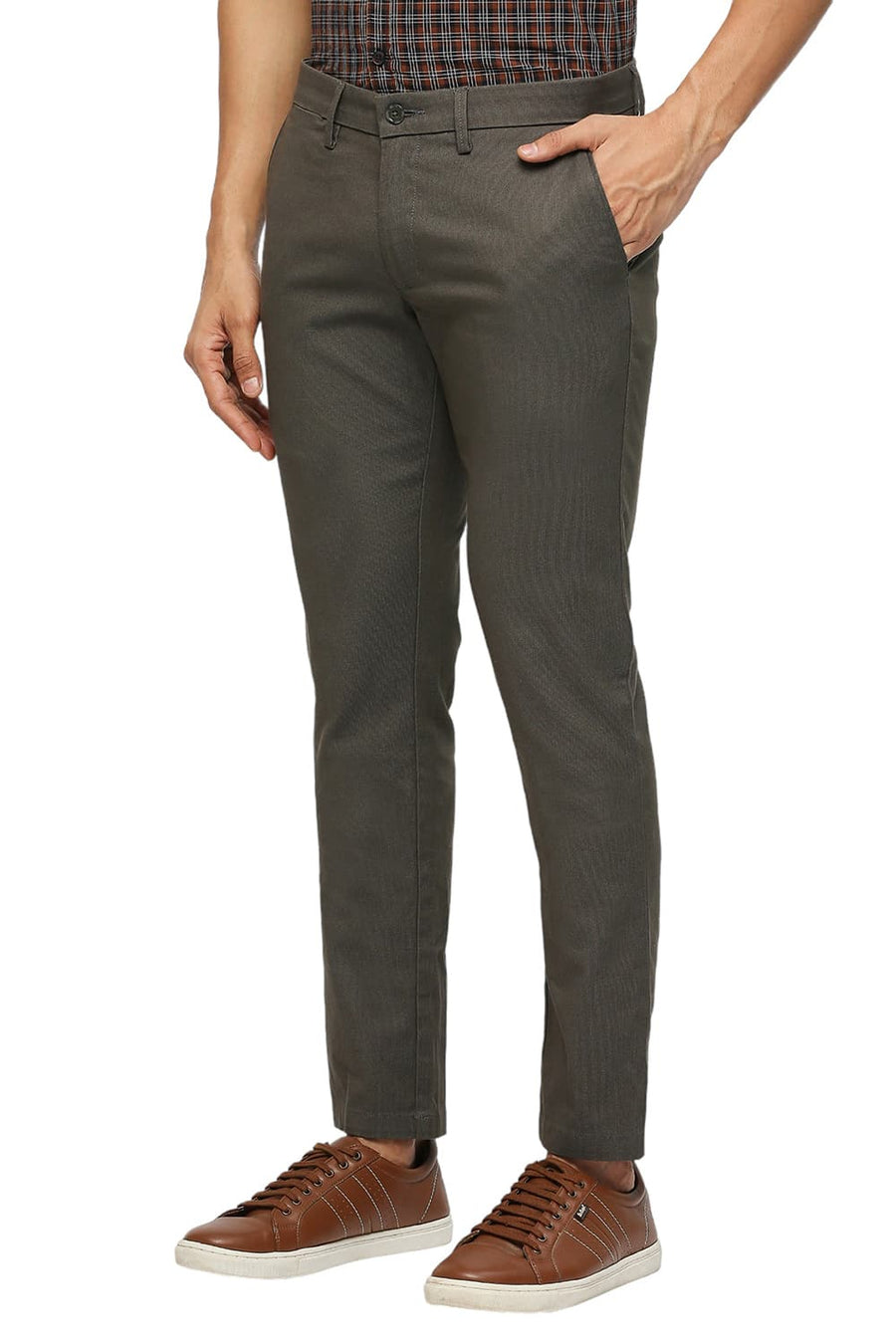 BASICS TAPERED FIT CROCODILE BROWN COTTON PLOYESTER STRETCH DOBBY TROUSERS
