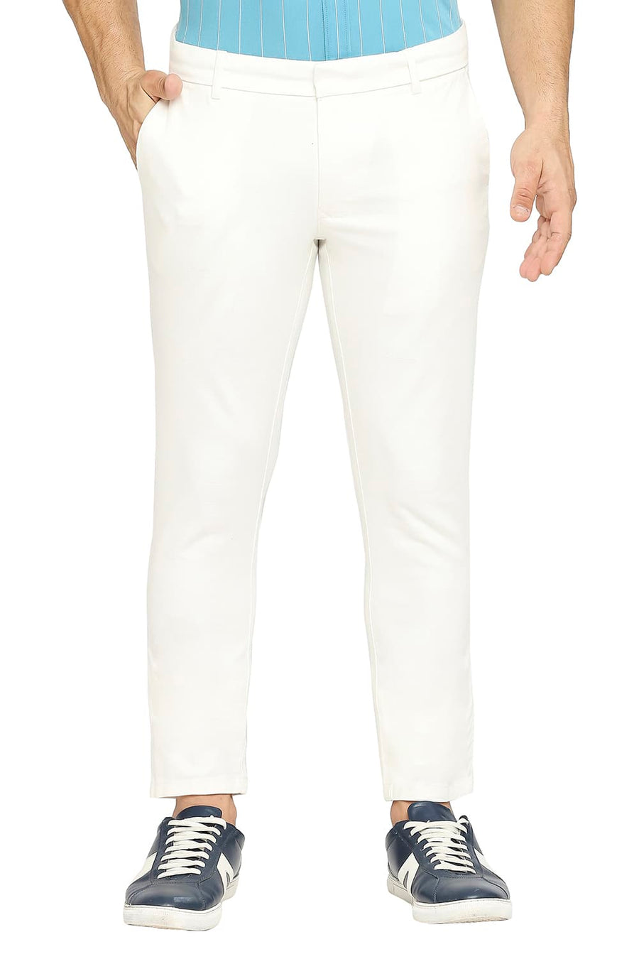 BASICS TAPERED FIT BRIGHT ECRU COTTON VISCOSE STRETCH DOBBY TROUSERS