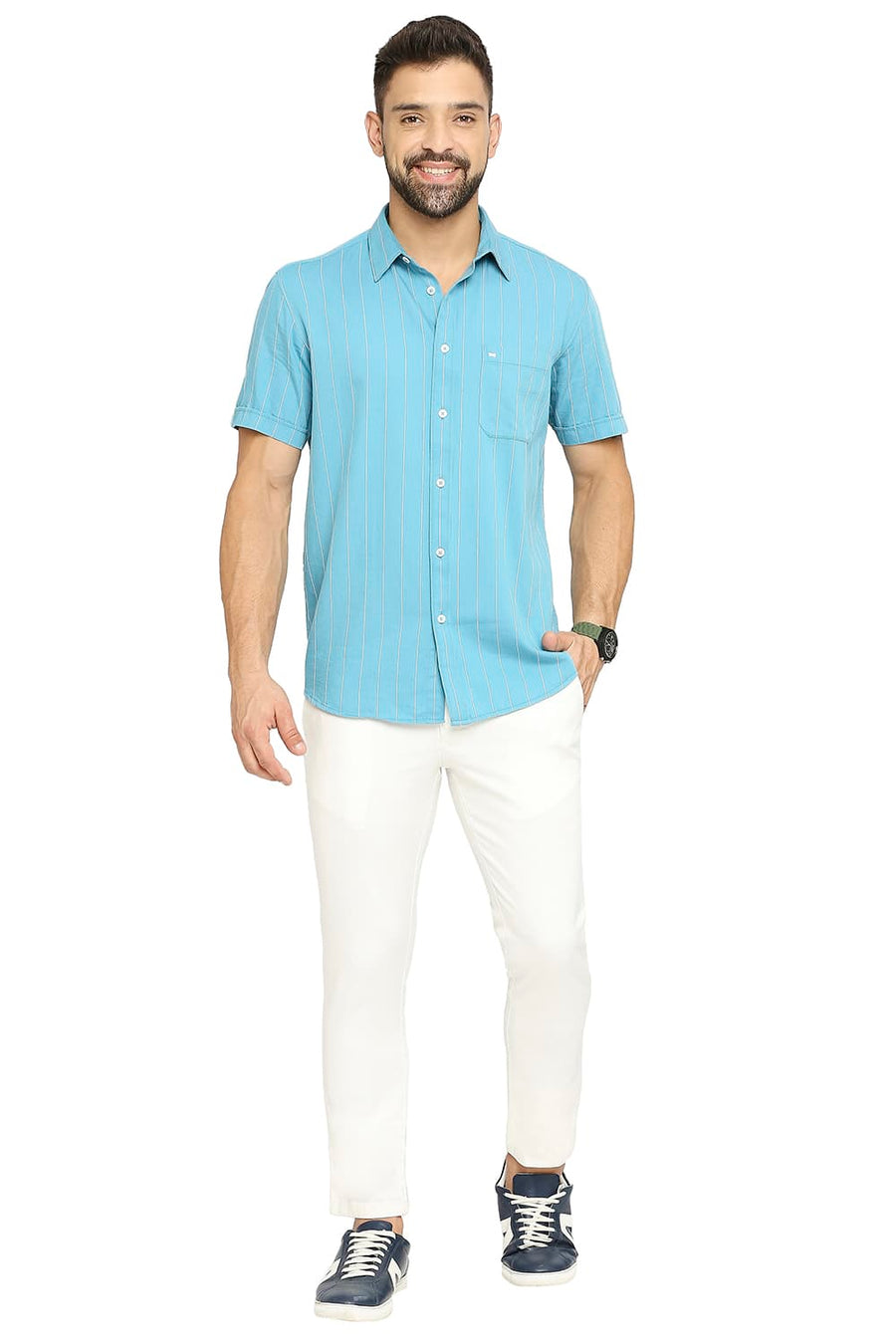 BASICS TAPERED FIT BRIGHT ECRU COTTON VISCOSE STRETCH DOBBY TROUSERS