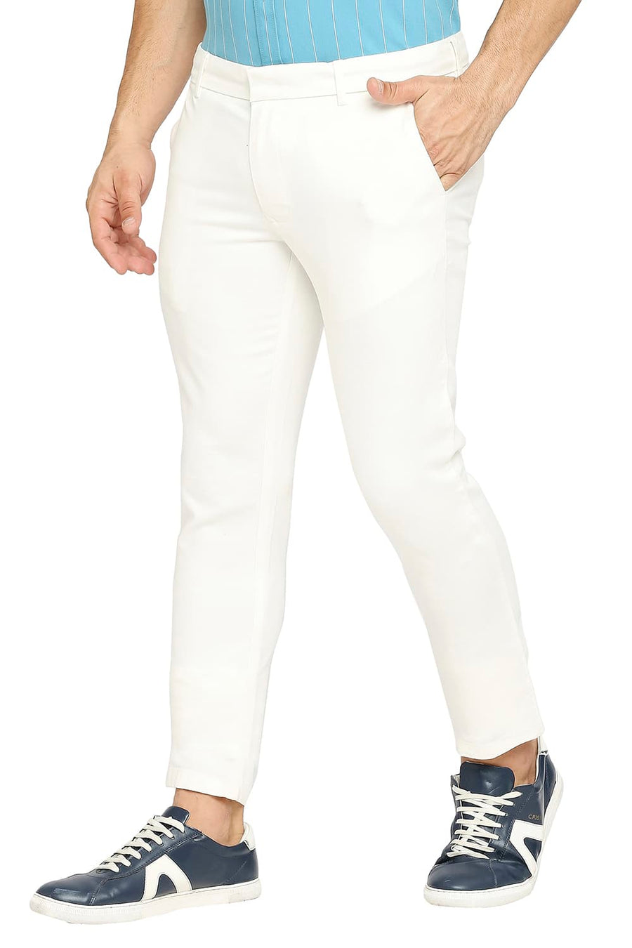 BASICS TAPERED FIT BRIGHT ECRU COTTON VISCOSE STRETCH DOBBY TROUSERS