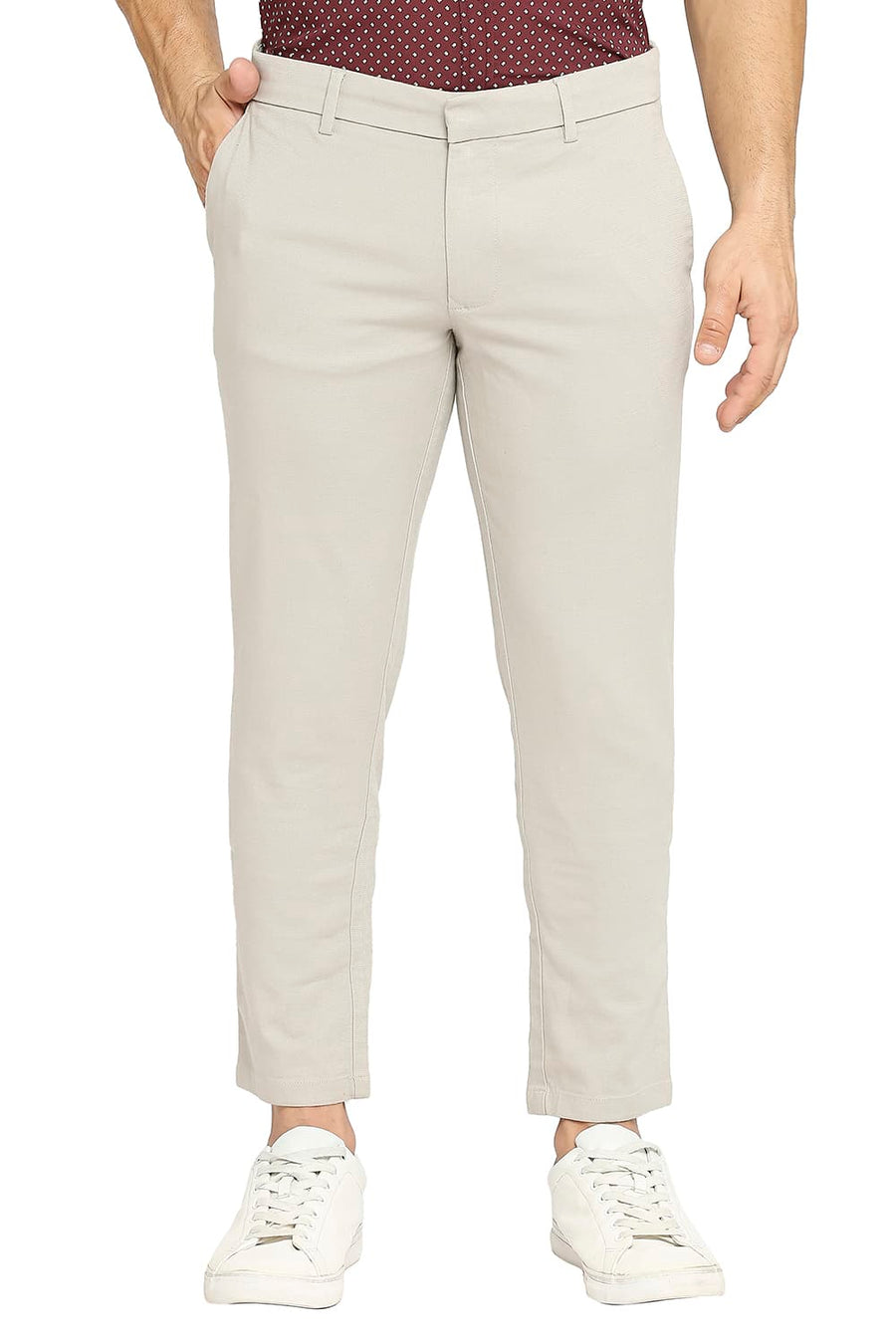 BASICS TAPERED FIT CHATEAU GREY COTTON VISCOSE STRETCH DOBBY TROUSERS