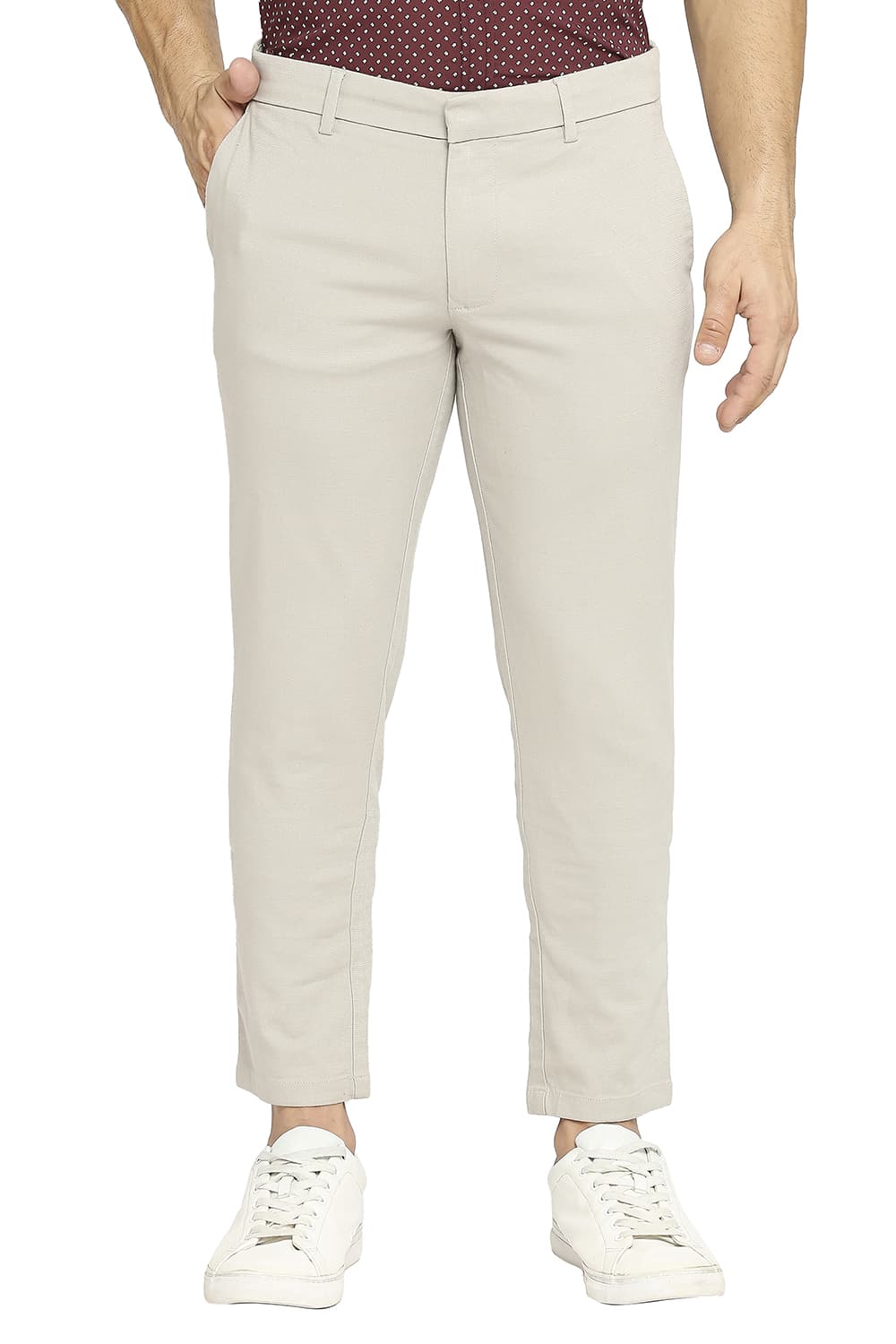 BASICS TAPERED FIT COTTON VISCOSE STRETCH DOBBY TROUSERS