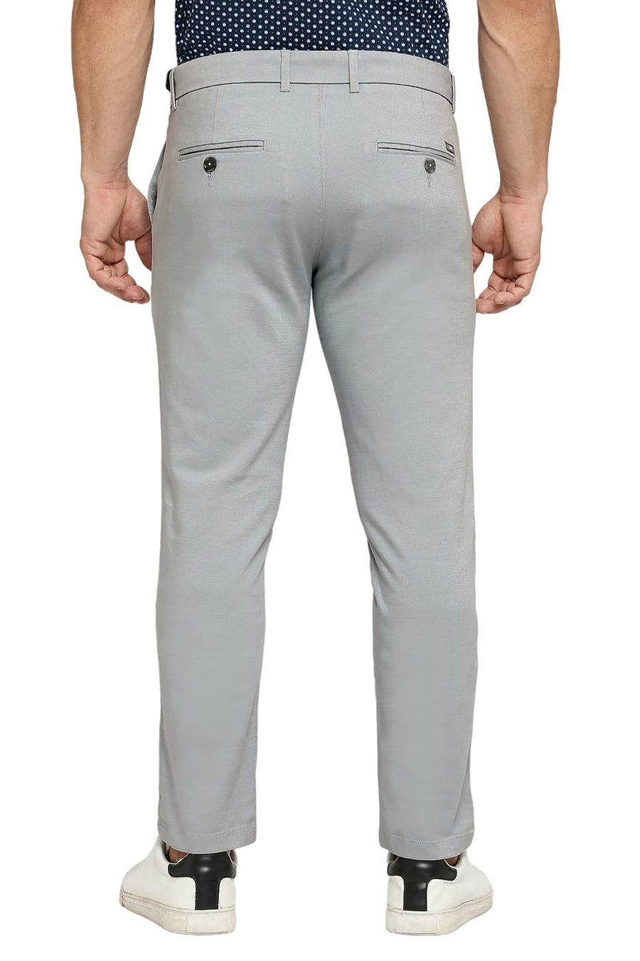 BASICS TAPERED FIT HIGH RISE BLUE COTTON VISCOSE STRETCH DOBBY TROUSERS