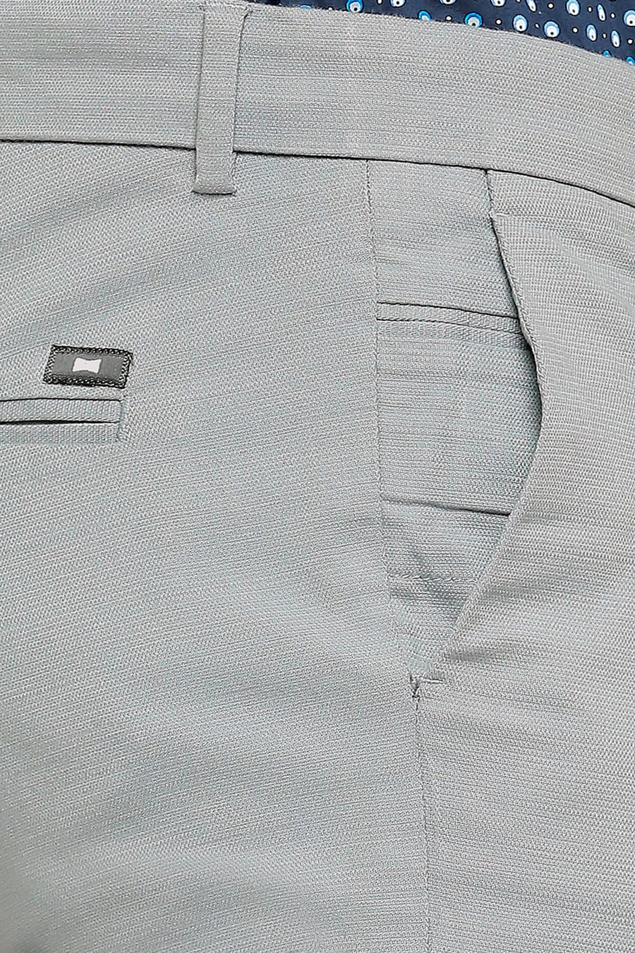 BASICS TAPERED FIT HIGH RISE BLUE COTTON VISCOSE STRETCH DOBBY TROUSERS