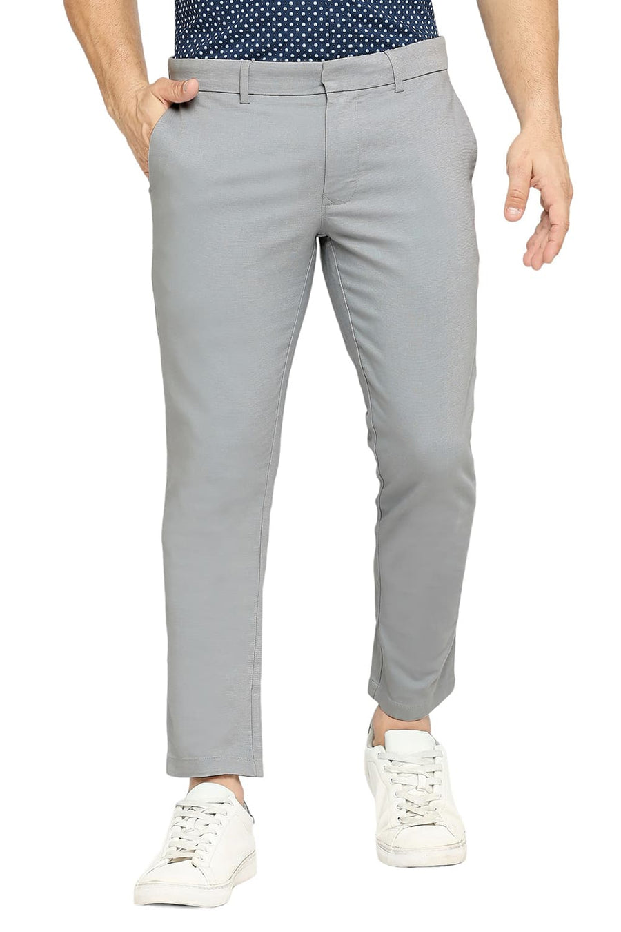 BASICS TAPERED FIT HIGH RISE BLUE COTTON VISCOSE STRETCH DOBBY TROUSERS