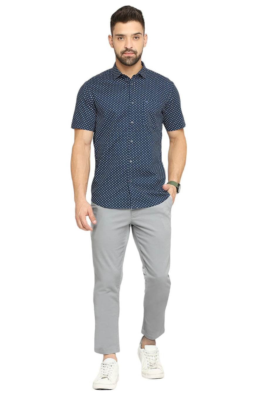 BASICS TAPERED FIT HIGH RISE BLUE COTTON VISCOSE STRETCH DOBBY TROUSERS
