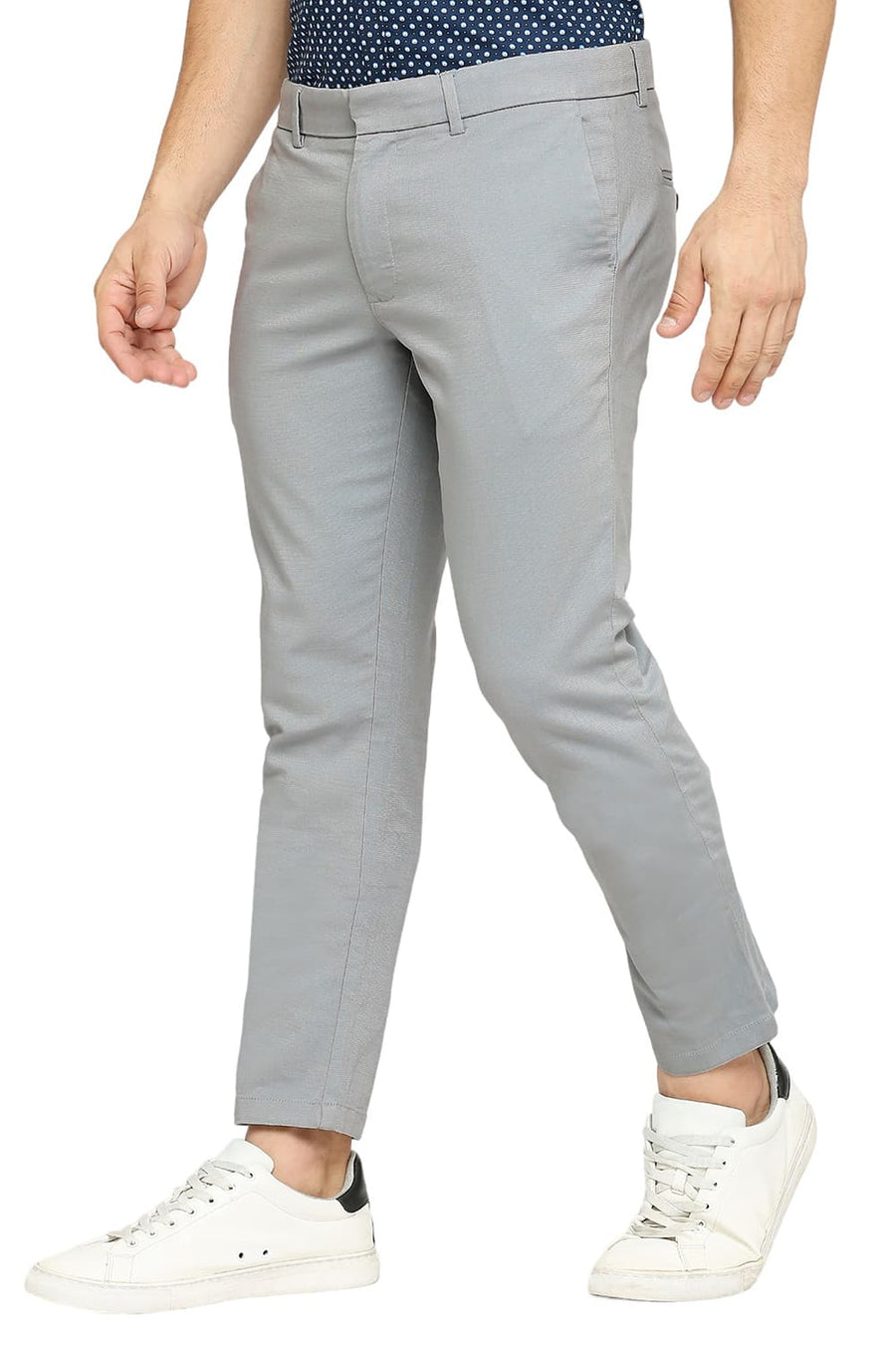 BASICS TAPERED FIT HIGH RISE BLUE COTTON VISCOSE STRETCH DOBBY TROUSERS