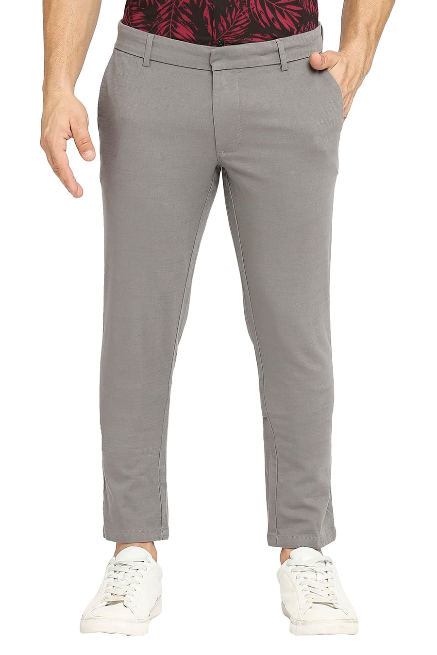 BASICS TAPERED FIT GARGOYLE GREY COTTON VISCOSE STRETCH DOBBY TROUSERS